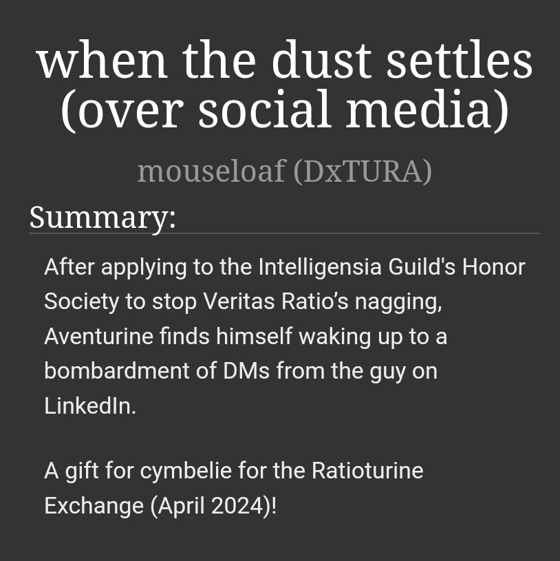 Title and description for my Ratiorine fic, 'when the dust settles'!

Light power abuse mentioned, but otherwise, no content warnings apply!