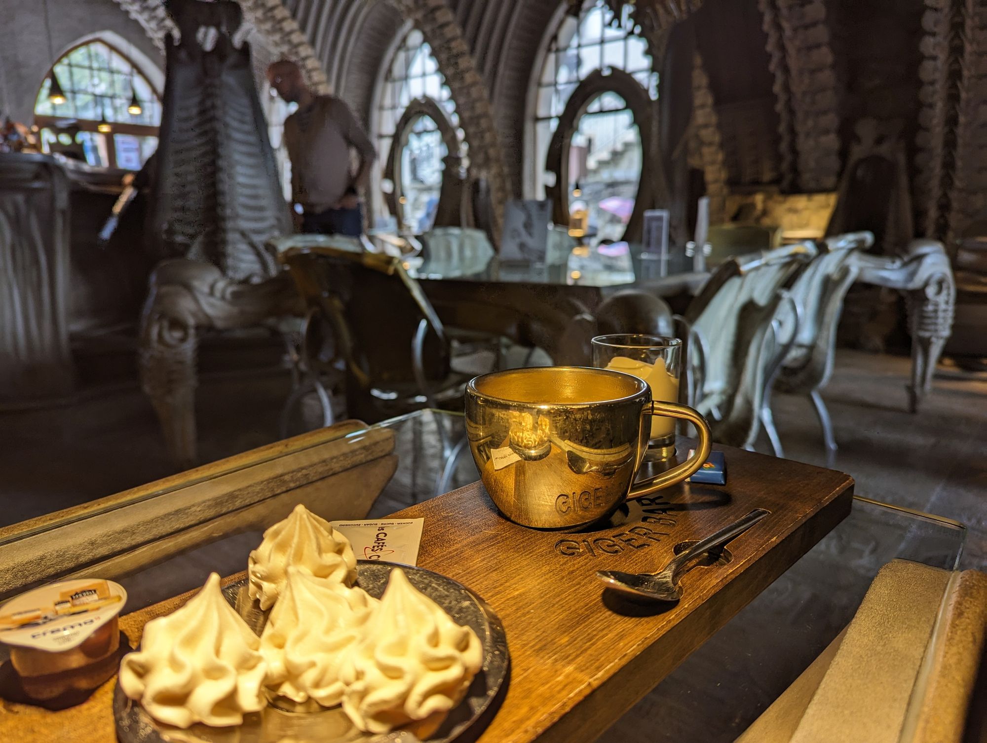 Above the table photo from the H.R. Giger cafe. The table contents look normal, showing a pleasant dessert and coffee. The chairs in the background look... twisted. The walls, somewhat out of focus, look as if grown organically out of bone.