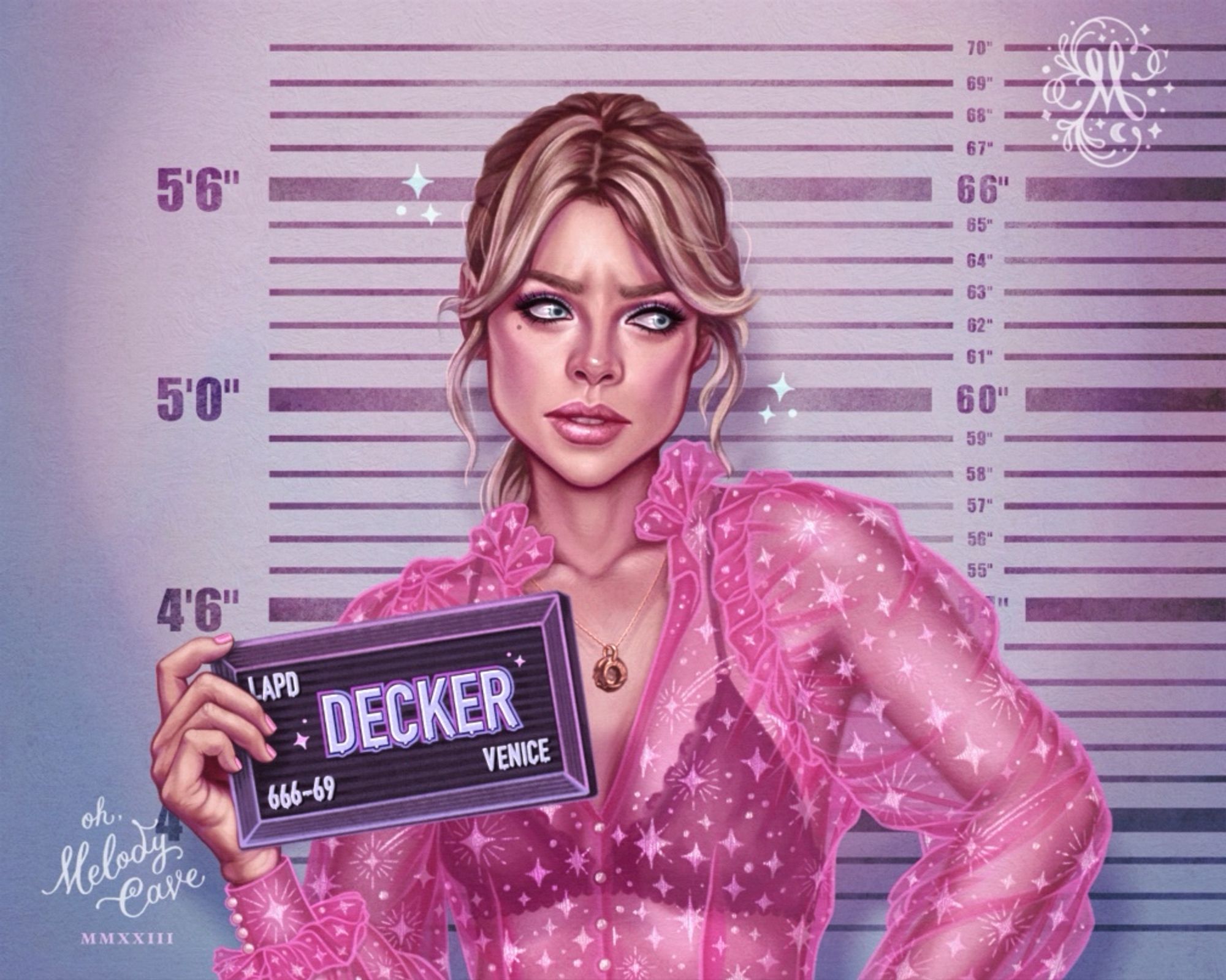 “This Barbie is an Undercover Homicide Detective.” Digital Illustration © Melody Cave 2023 @ohmelodycave — Illustration of woman getting her mug shot taken.