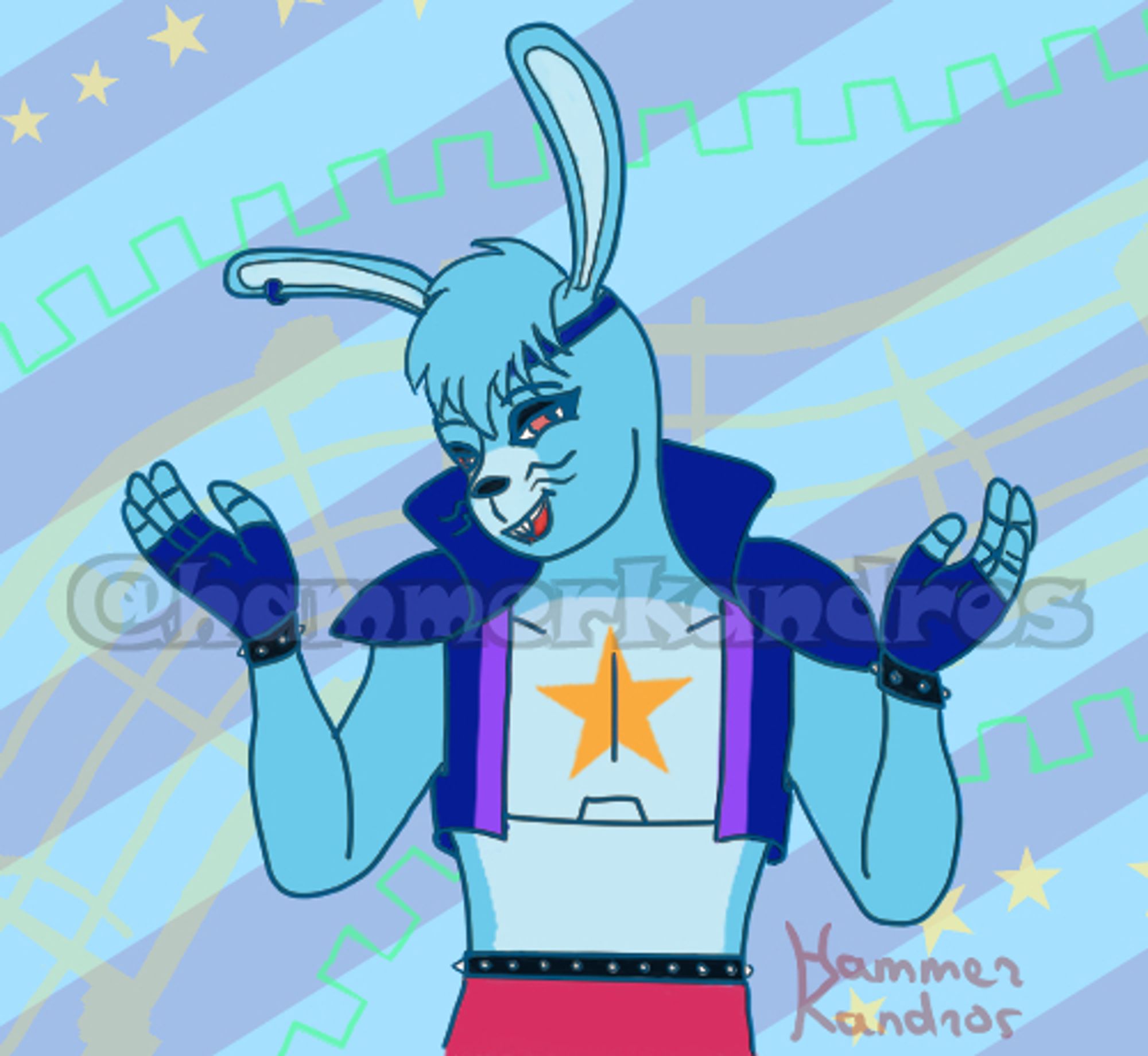 A digital art of a blue anthro-like rabbit. He wears an earring on his right ear, a headband passing under his fringe, shoulder pads and a short vest under, all in dark blue as well as fingerless gloves. He also has leather bracelets and belt, bright red pants and a golden star painted in the middle of his chest. He's shrugging and peeking at the viewer with a wide, side smile and red eyes half-closed.