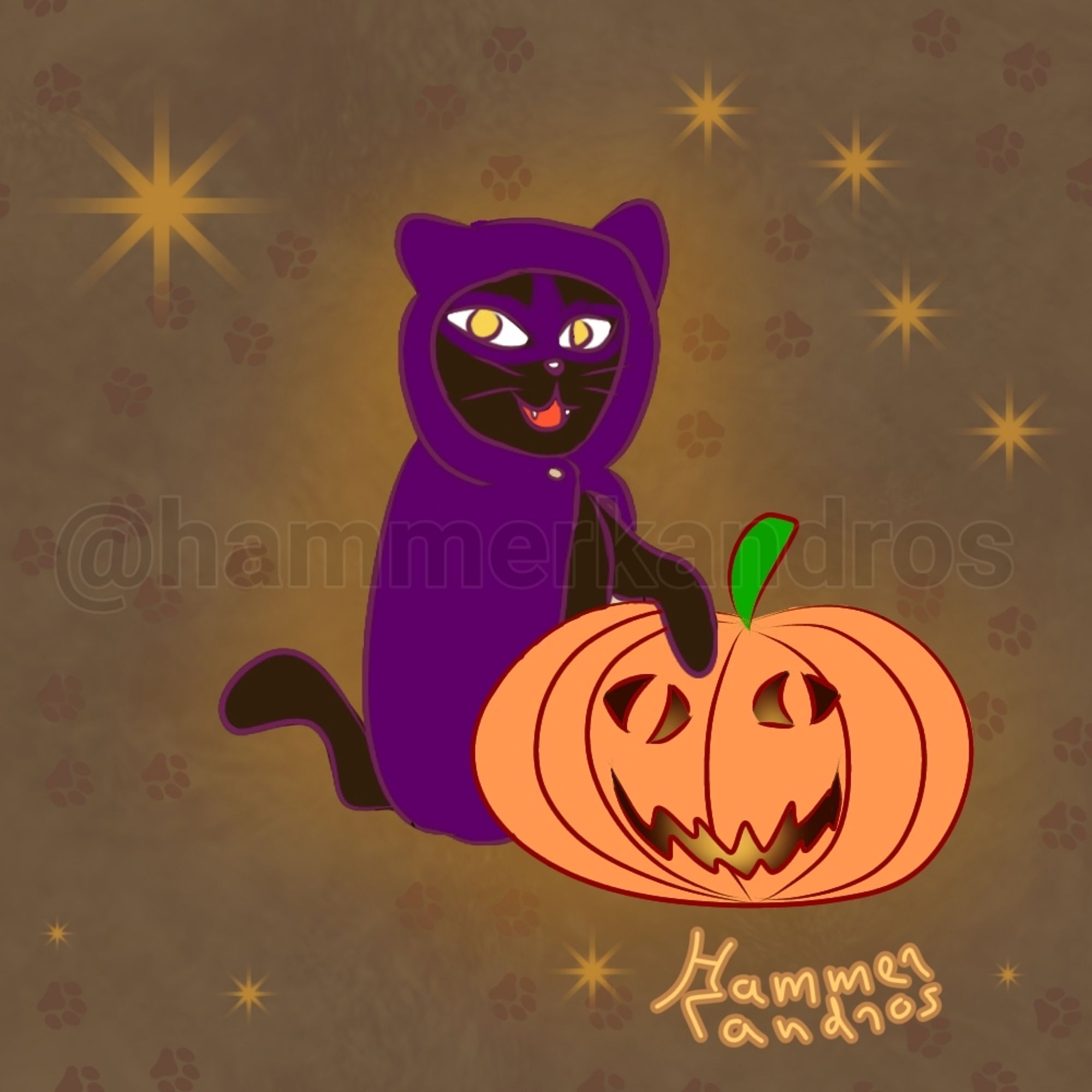 Digital draw of a black cat with a purple mask-like mark surrounding their golden eyes. They wear a cloak in the same color as the mask, and they're smiling widely as they have a paw on a pumpkin in front of them. The pumpkin has carved cat eyes and a wide, toothy smile, with some light inside.