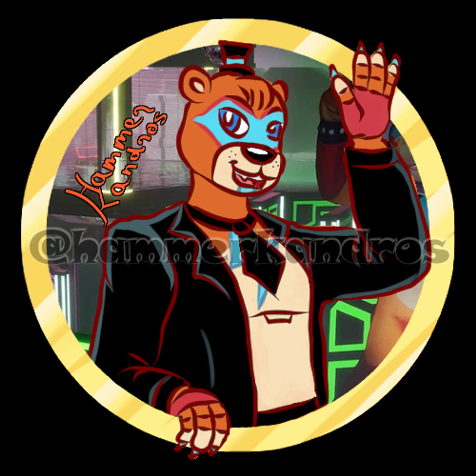 Headshot of an anthro orange bear surrounded by a golden ring. He has a cyan painted mask in his face, blue eyes peeking at the viewer with a wide smile. He's wearing a black tophat, leather jacket, and a tie, as well as red fingerles gloves. He has painted on his chest a cyan thunder mark. He's waving at the viewer.