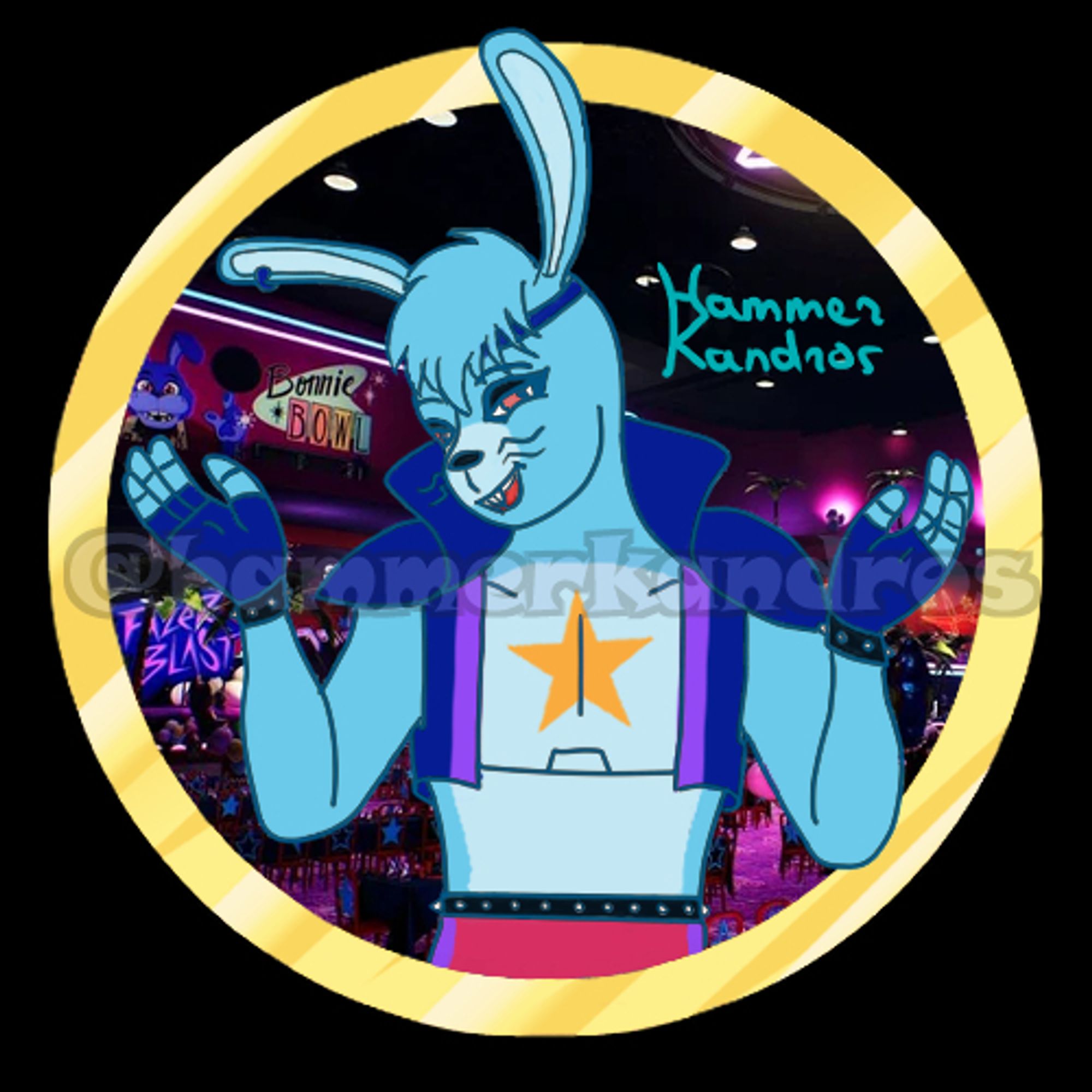 A digital art of a blue anthro-like rabbit. He wears an earring on his right ear, a headband passing under his fringe, shoulder pads and a short vest under, all in dark blue as well as fingerless gloves. He also has leather bracelets and belt, bright red pants and a golden star painted in the middle of his chest. He's shrugging and peeking at the viewer with a wide, side smile and red eyes half-closed.