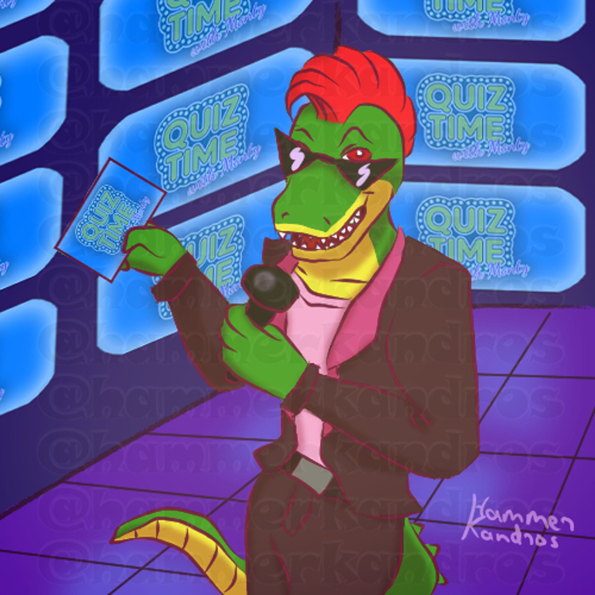 A digital art of Montgomery Gator as his appearance in Freddy in Space 3 as Quiz Master Monty. He has triangle sunglasses, one of his red eyes peeking over them, and he's wearing a brown suit that is pink under it, as well as a paler pink shirt under it. He's smiling, holding a microphone in a hand, and a card of his "show" in the other, where you can read "Quiz Time with Monty". The same symbol is in several screens on the background.