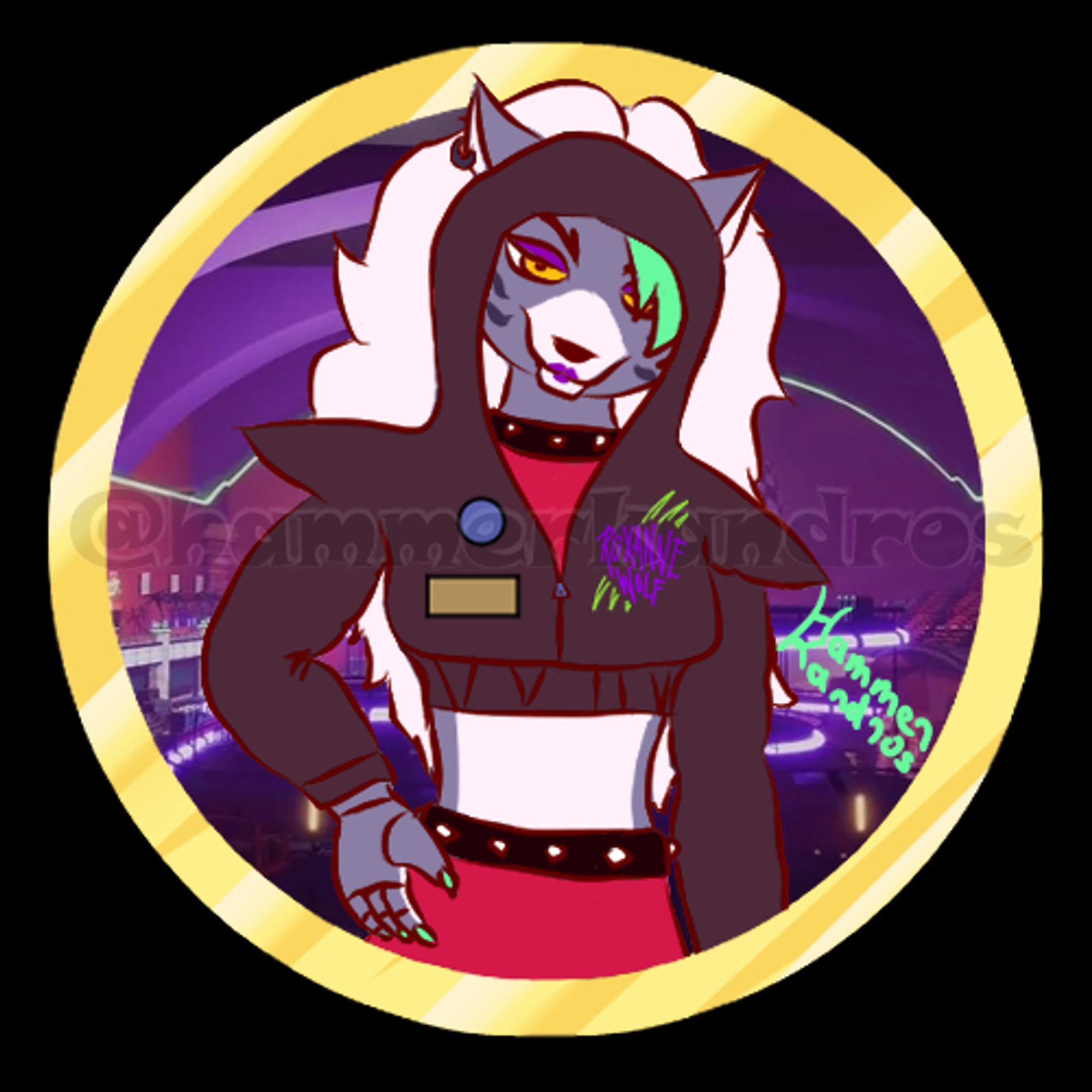 A round-framed digital art of a female purple anthro wolf. She's wearing a racing pilot jacket that only covers her arms and chest, leaving her belly uncovered. It also had a half-hood that covers only the front part of the head, leaving the back free from where spurs her long, messy and pale hair. Under the jacket she has a red top, pants the same color, and a leather choker and belt, both with spikes. Her golden eyes are staring up at the viewer as her head is slightly tilted down, a green lock of hair covering one of them. One of her hands is on her hip, her claws painted in green.