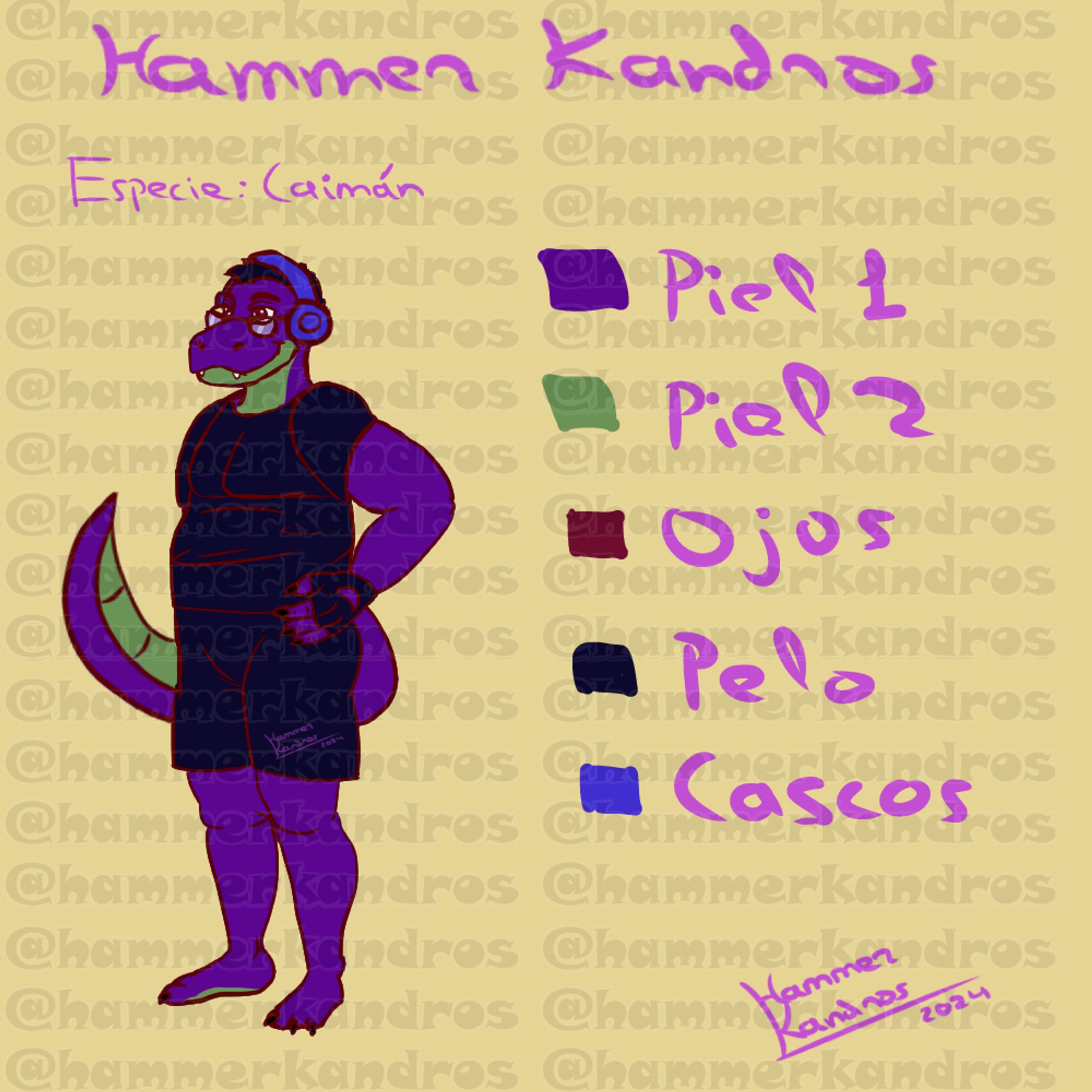 A ref sheet of an alligator Anthro, purple with short black hair and swamp green in the lower maw, throat and under tail. He's wearing a t-shirt, fingerless gloves and shorts, all in black. He wears glasses, blue headphones and has brown eyes. The text has the name (Hammer Kandros), the species in Spanish and, at the right, the colors references.