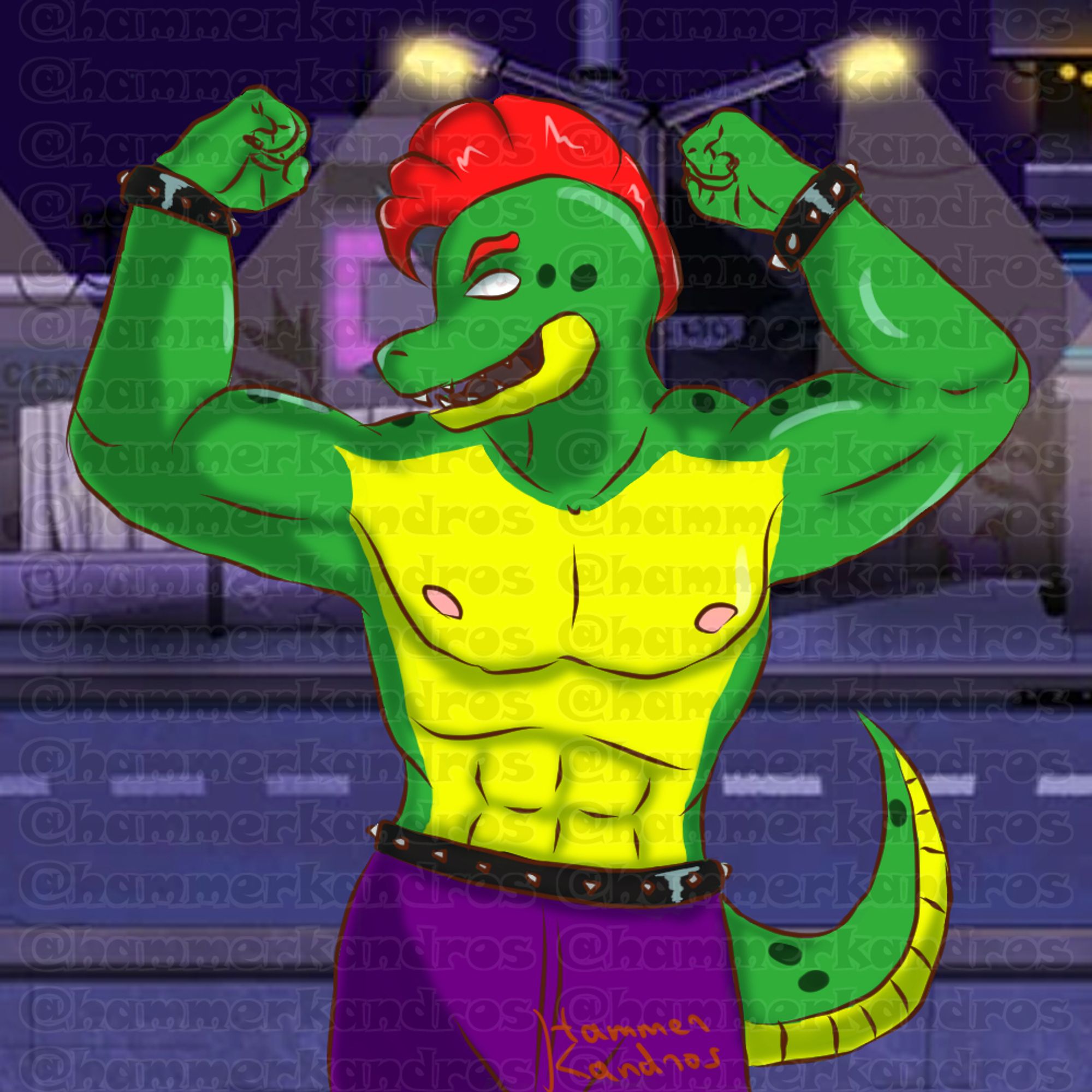 Digital art of Montgomery Gator as his version in the Security Breach: Fury's Rage version. He's an anthro, very muscular alligator, green with the lower jaw, chest, belly, and bottom of the tail yellow. He has a red mohawk as well. He's shirtless, wearing purple pants, and leather belt and wristbands, all with spikes. He's flexing and facing his right side. His eyes is white, but, faintly, there's an iris and pupil that shows he's peeking at the viewer, though they're barely visible.