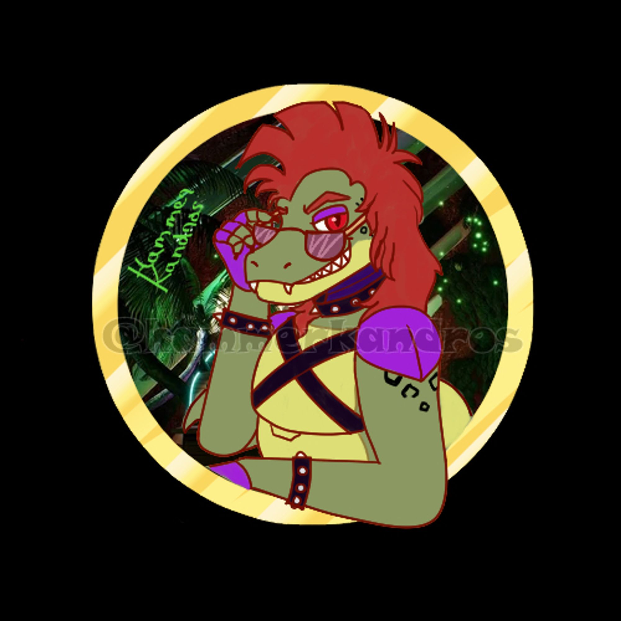 A headshot draw of an anthro alligator, with long, red hair that is a mixture between a mohawk and a mullet. He has sunglasses that he's tilting down a bit, peeking at the viewer with his red eye as he's smirking. He also has purple shoulder pads, fingerless gloves, black straps crossing his chest, as well as a leather chocker and bracalets, all with spikes.