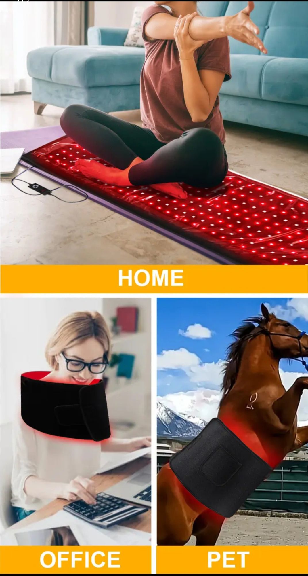 top panel: someone stretching on top of a red light panel with caption "home", bottom left: women at desk typing on calculator wrapped in a red light emiting scarf labelled "office", bottom left: a horse jumping with the panel wrapped around its belly. all are poorly photoshopped.