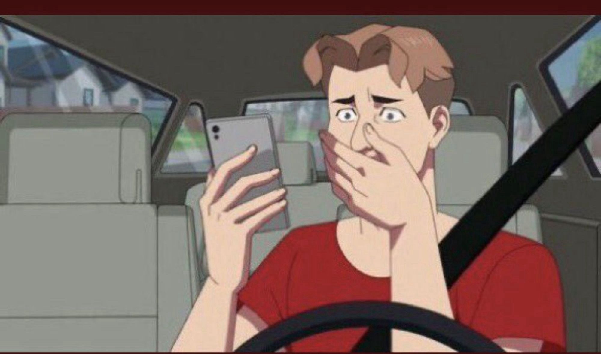 Cartoon of a man looking at his phone in the car, covering his mouth with an expression of abject horror, as is a befitting reaction to this monstrosity