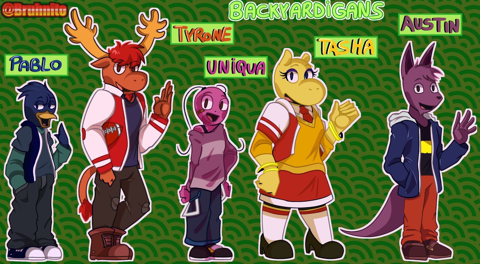 Um desenho dos personagens Pablo, Tyrone, Uniqua, Tasha e Austin, da série animada "The Backyardigans", com uma aparência e idade mais adolescente