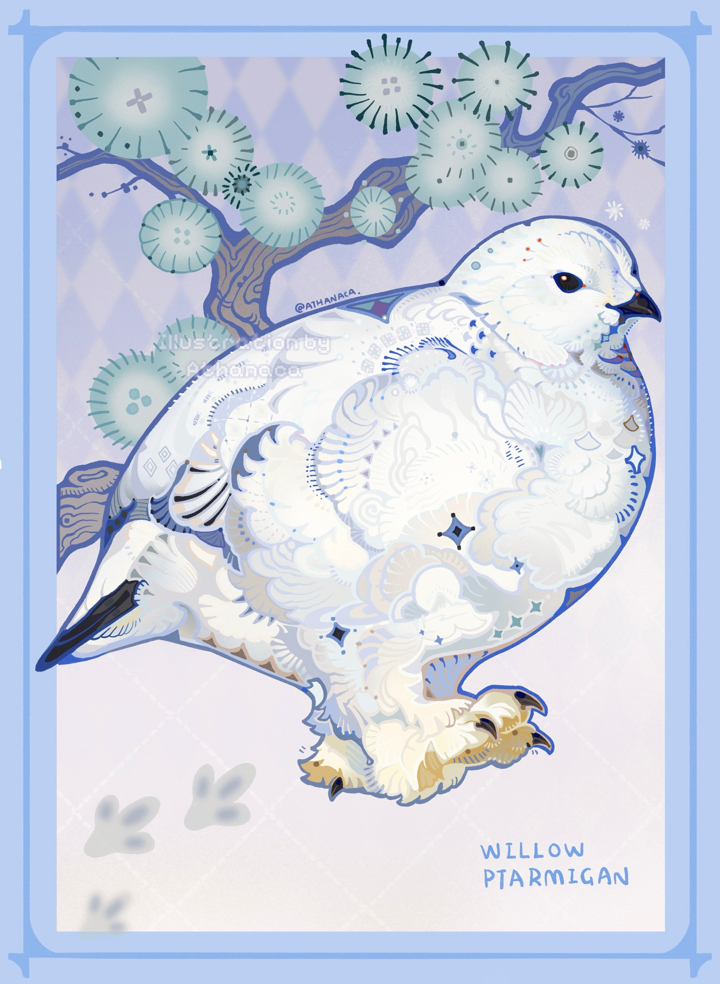 Illustration of a willow ptarmigan walking on snow