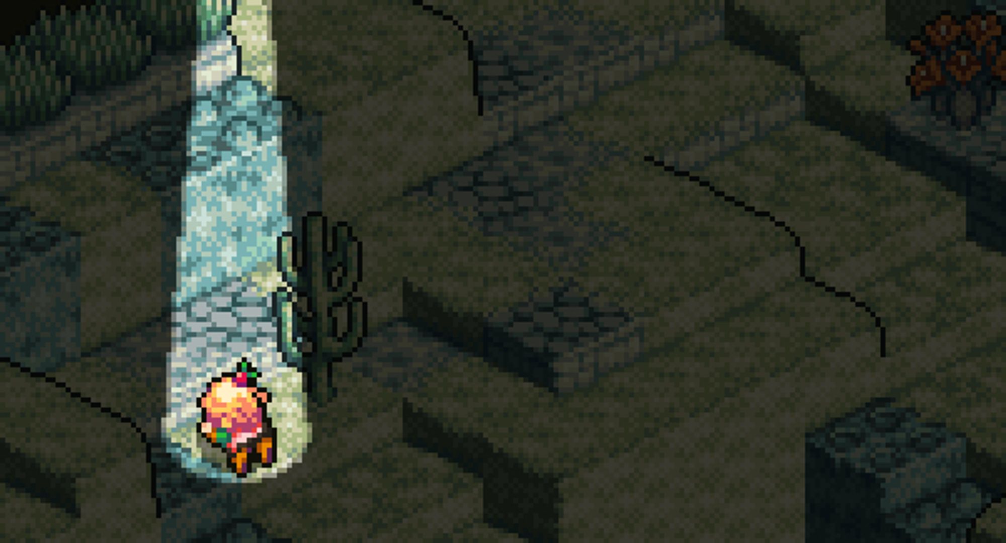 A pixel art landscape of a isometric desert, darkened as a spot light shines on a blond girl face down in the sand. This is done in the style of Final Fantasy Tactics Advance.