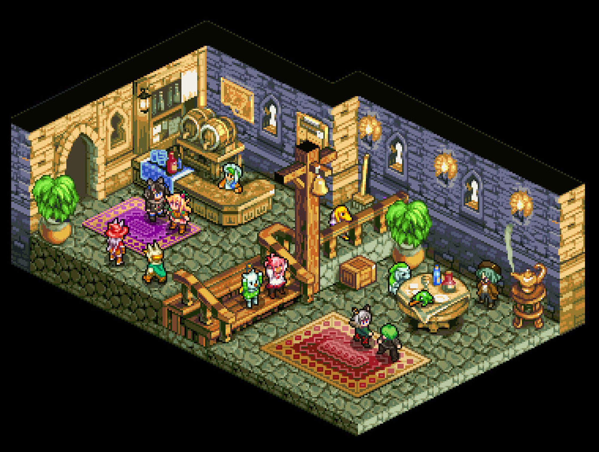 A pixel art bar scene of various characters interacting in an isometric style. There is two girls looking a two viera (bunny girls), a girl cheering with a moogle as they watch two guys fight, and another girl hidden in the back near a table with a nu mou (hard to describe race).