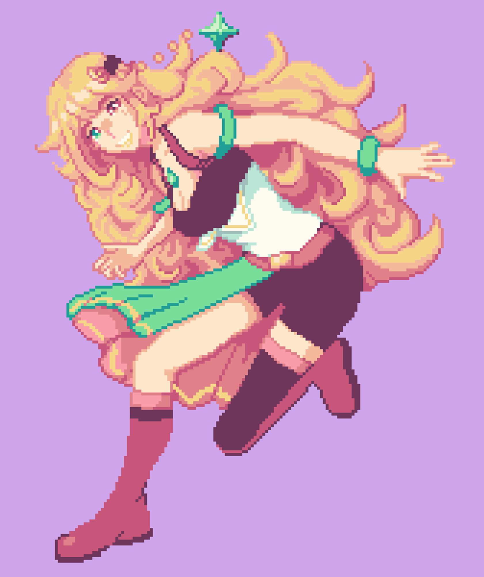 A pixel art illustration of a girl with very long and big blonde hair doing a doge while smiling. She is wearing black, green, and white adventuring clothes with leather boots and straps. She has a green star bangle from a hair accessory dangling.