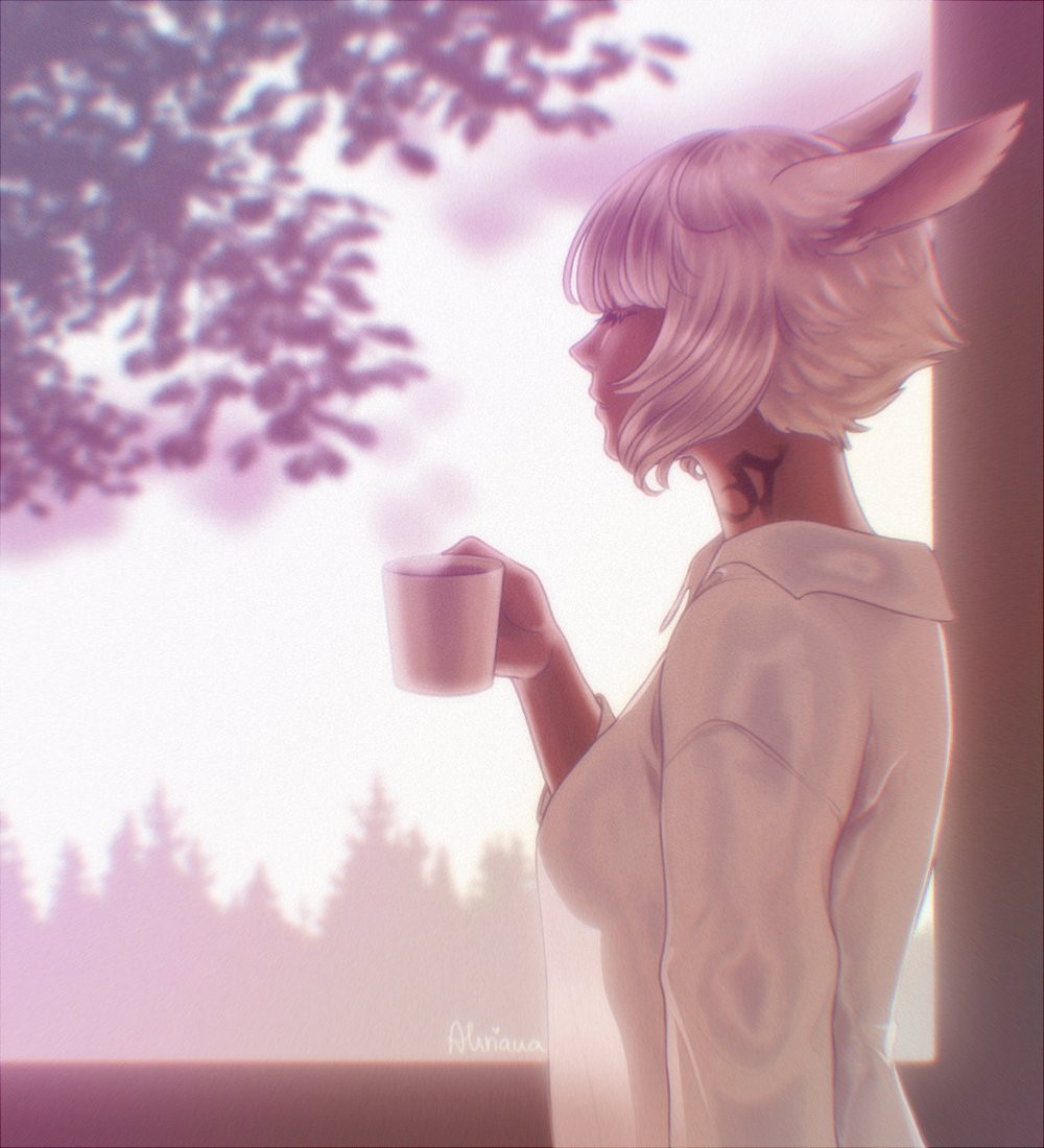 A scenic drawing of the FFXIV character Y'shtola in an oversized buttoned pajama shirt, standing by a large window. Her eyes are closed, as she's taking in the aromatic steam of her warm cup of coffee that she's holding with one hand.