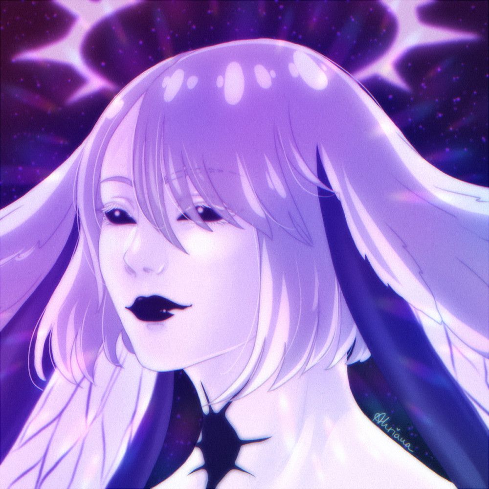 A Head-Shot doodle of the FFXIV villain and worst mother to ever exist, Athena. Her default shit-eating grin is captured in vibrant purple colors.