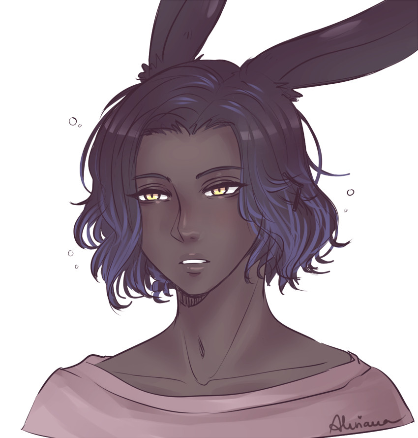 A rough bust-up doodle of the FFXIV character Erenville while being very eepy (sleepy). He's wearing an oversized dusty pink sweater and has his usually neatly pinned back hair all messy.