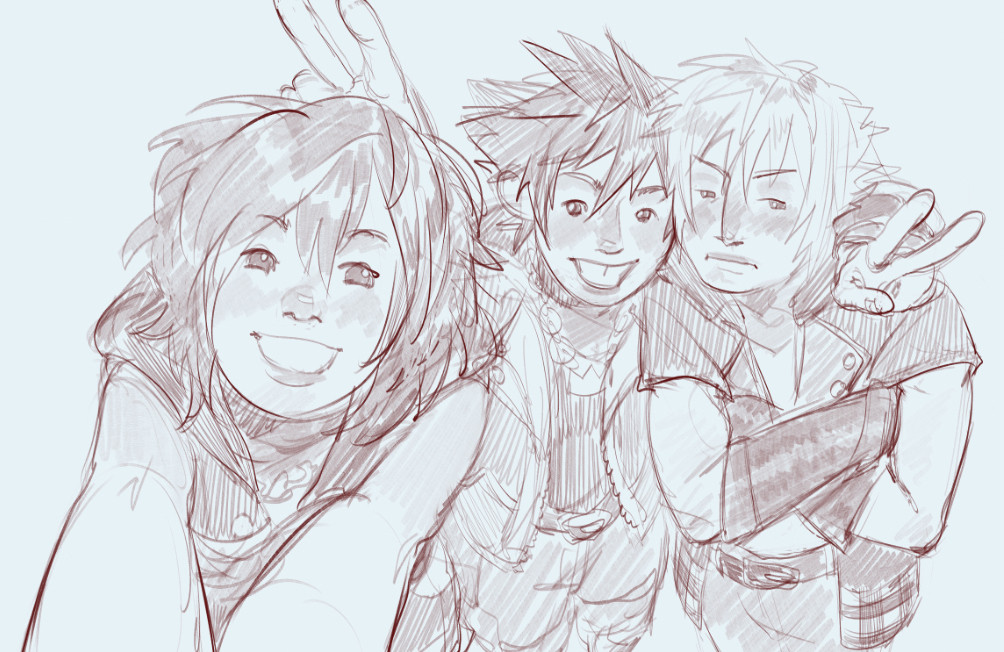 (from left to right) Kairi, Sora, and Riku from Kingdom Hearts 3. Kairi is taking a selfie and Sora and Riku are posed behind her. Sora, with his arm slung around Riku’s shoulder, throws up peace signs. Kairi and Sora smile brightly, while Riku pouts and looks shyly away.