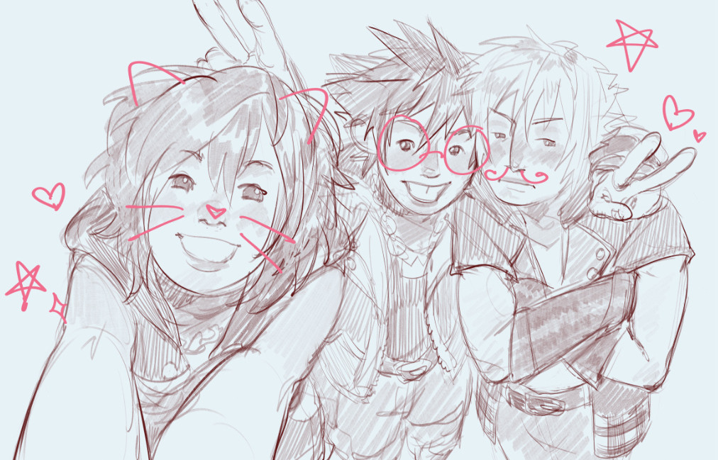 The same “selfie”. Now with doodles. Cat ears and whiskers are drawn over Kairi’s face, a pair of glasses over Sora’s, and a swirly mustache over Riku’s. Hearts and stars decorate the space around the trio.