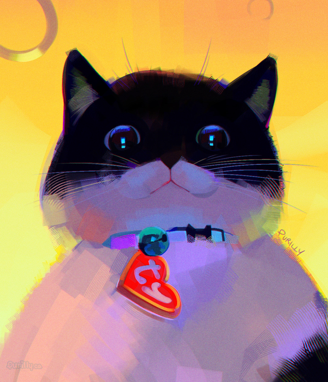 Painting of a black and white tuxedo cat with a red acrylic TY charm with bell collar staring down at you like you are its food with a bright tellow background and lots of bright purples and blues reflecting on the white fur to make it extra colourful!