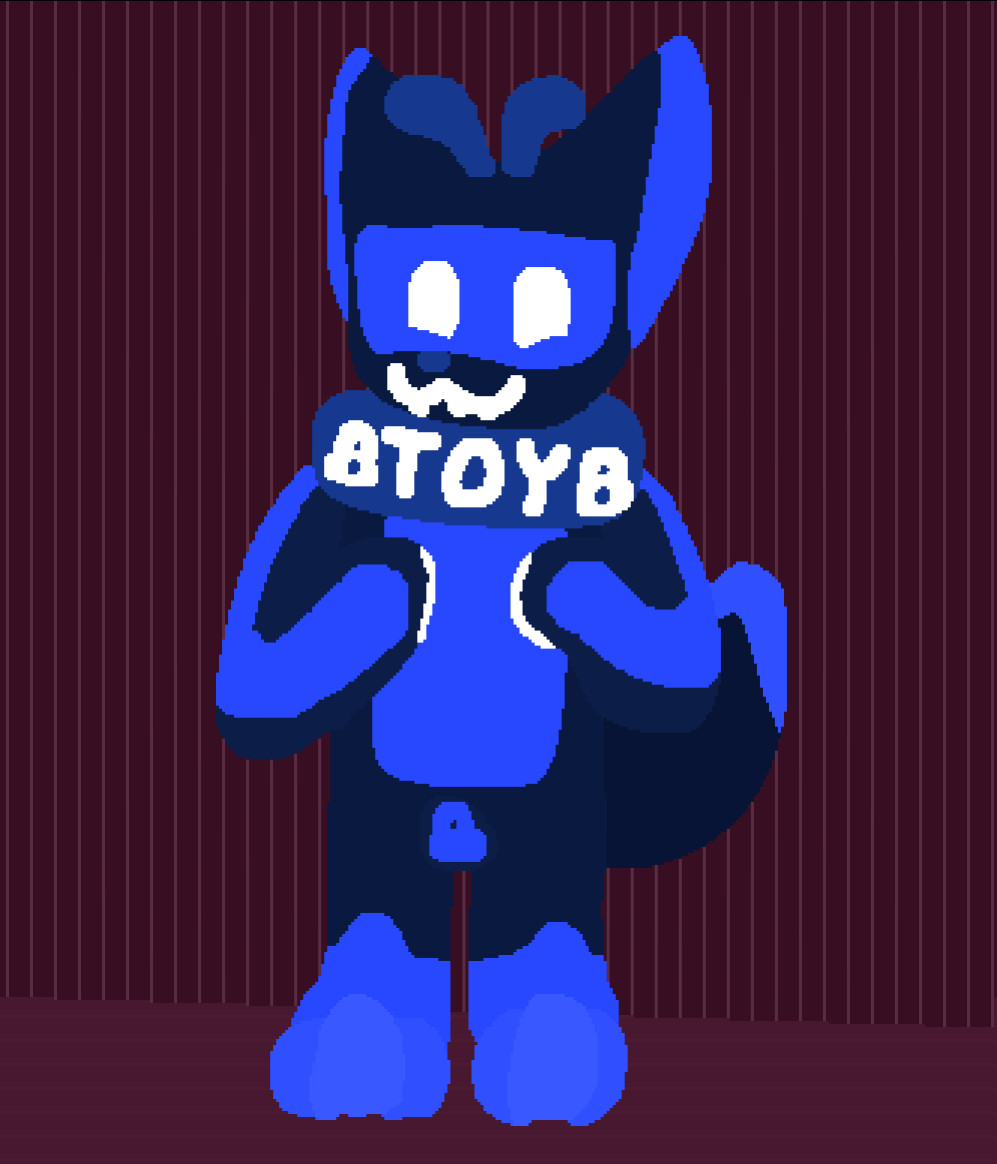 My oc Color suited as a black and blue latex drone, with an inflated "TOY" collar, painted on smile, and excited looking eyes on a visor display.