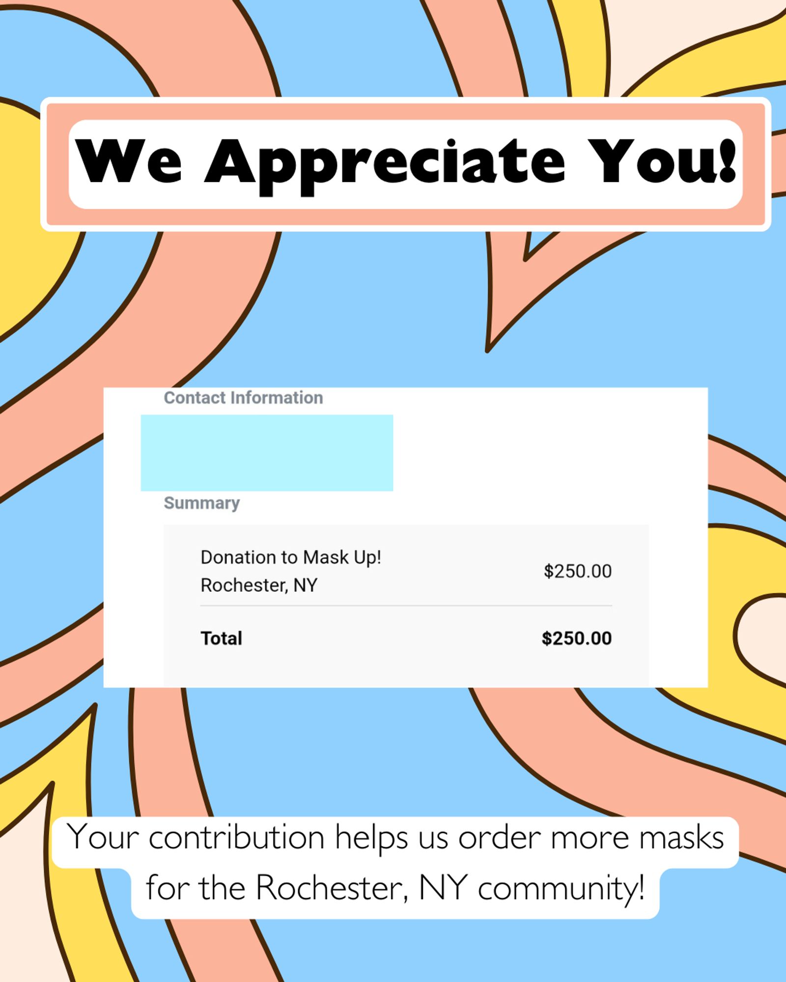 Light blue background with large wavy shapes in pink, blue, and
yellow. One rectangles with donation amount receipt to Mask Up!
Rochester for $250. Contact info is blocked
out with light blue rectangle. Black bold text in center of image on
on white and pink rectangles reads We appreciate you! Black text on white background at bottom of image says Your contributions will help us order more masks for the Rochester, NY community!