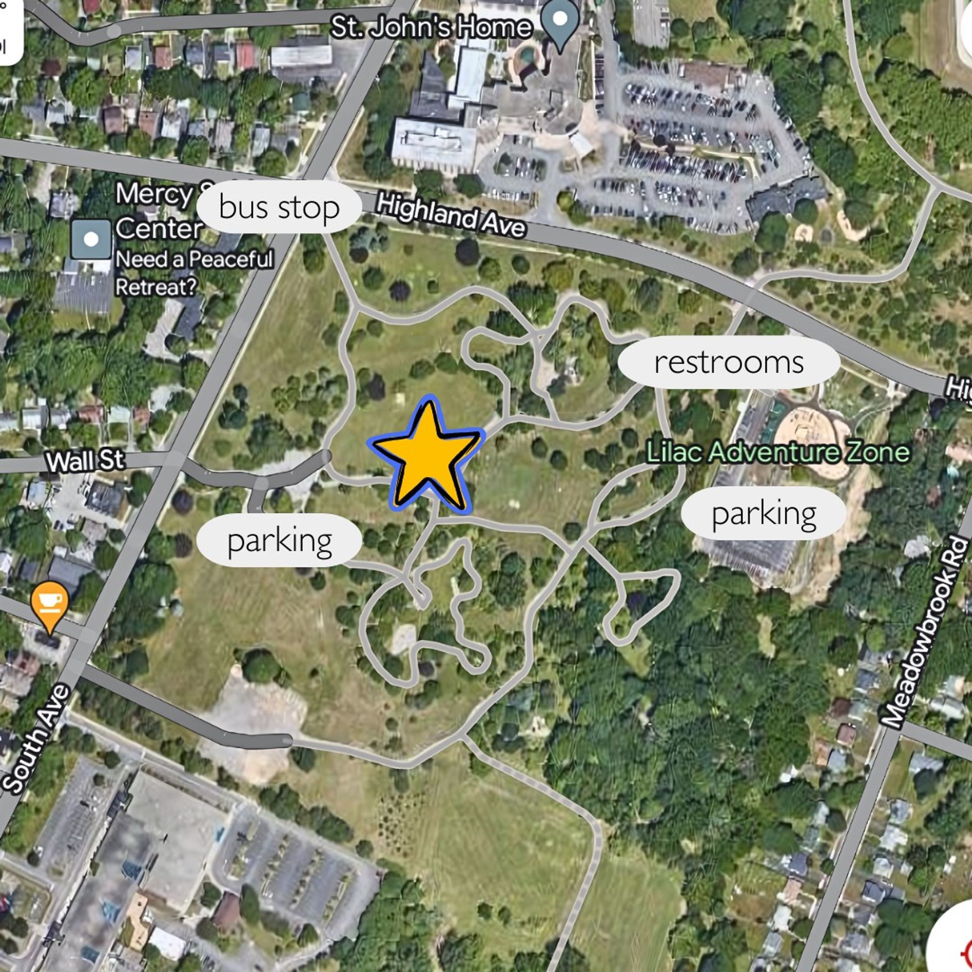 Map of Highland Park with South Ave to the west, Highland Ave to the north, and Meadowbrook Road to the east. Meeting point is in the center. There's a bus stop at the corner of South and Highland, restrooms and a parking lot off Highland Ave in the top right, and another parking lot off South Ave in the bottom left.