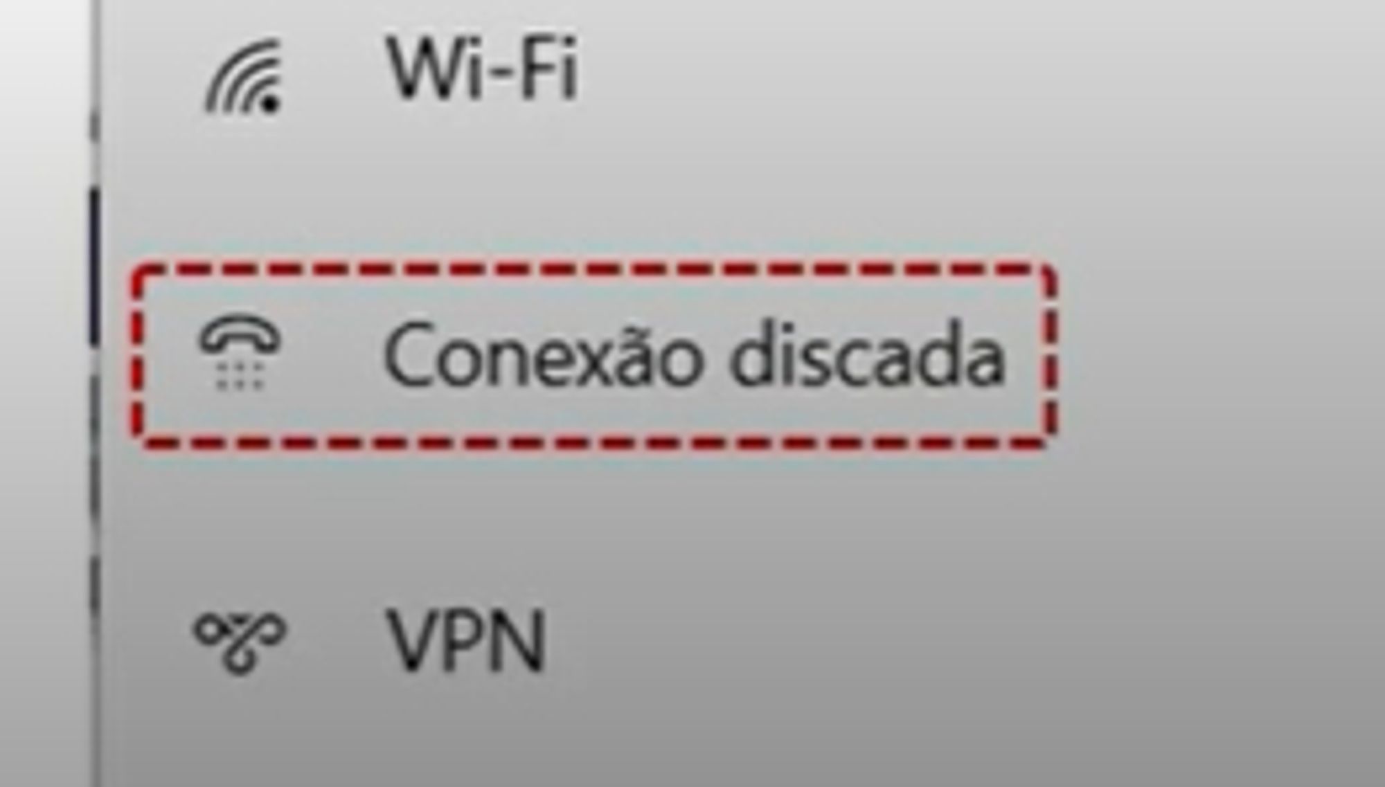 print de configuração do windows 10 mostrando a opção de conexão discada