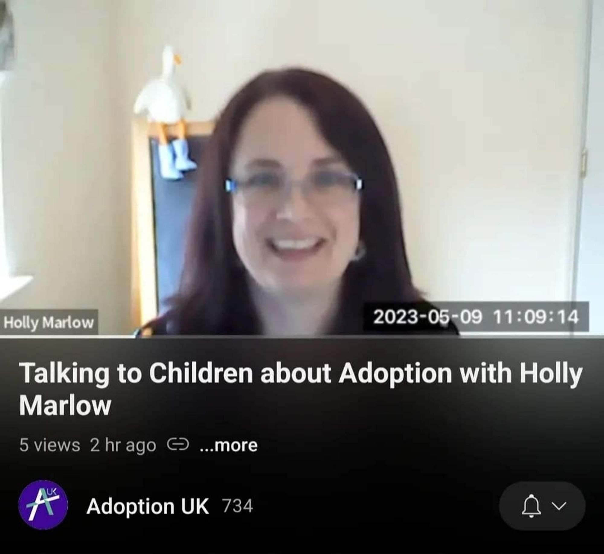 Screenshot of Holly Marlow giving a webinar for Adoption UK, titled "How to talk to children about adoption"