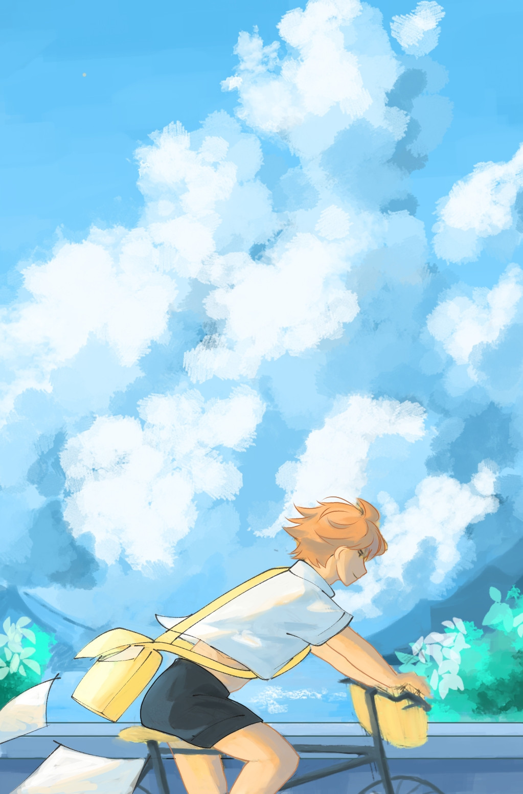 blue sky, flufly clouds, hinata on his bike (character from haikyuu)