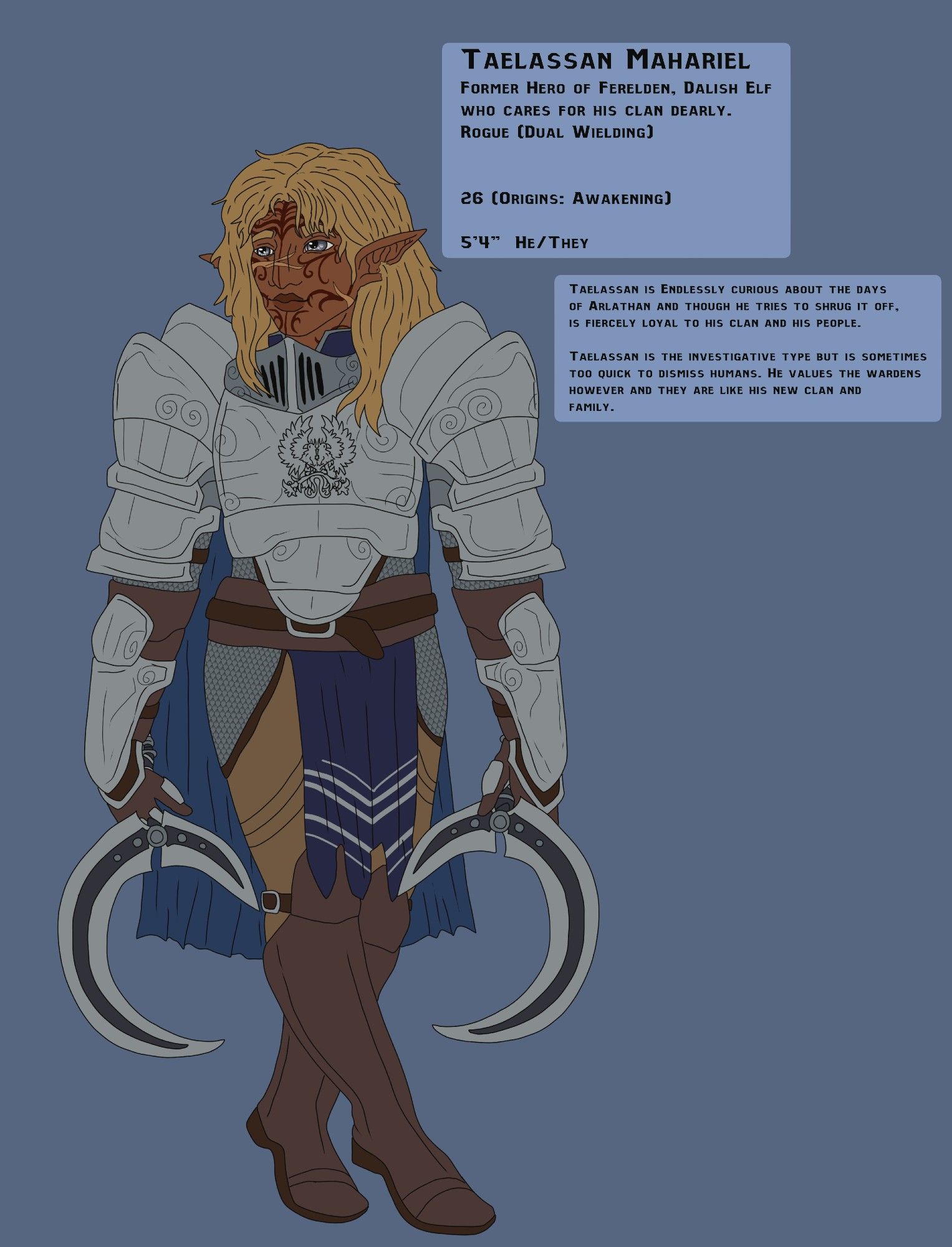 a reference sheet of an elf in grey warden-esque armour wielding two sickles as dual weapons. 

He has long blonde hair and tan skin with treelike vallaslin on his face.