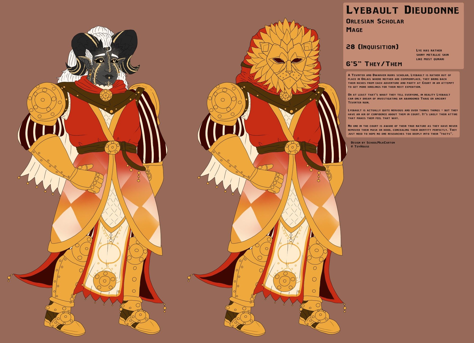 a reference sheet bright in colour that depicts an average height qunari in bright orange-red attire with tons of gold too. 
They have two fullbodies, one wears a lion mask.