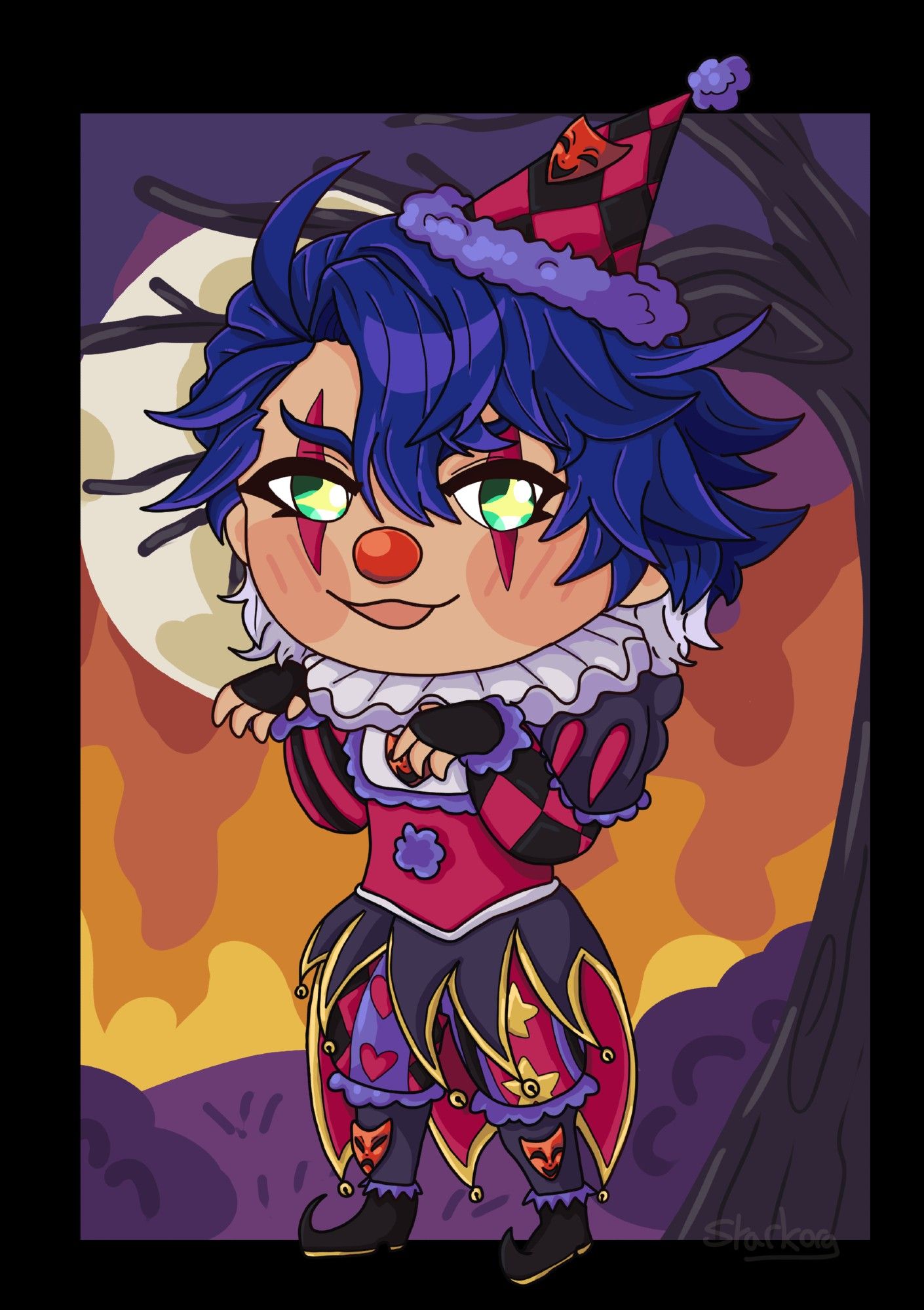 A chibi of Sampo Koski from honkai star rail with his hands like a t-rex wearing a malevolent expression. He is dressed like a clown and there is a spooky background with a leafless tree. the colours in the background are purple and orange with a full moon.