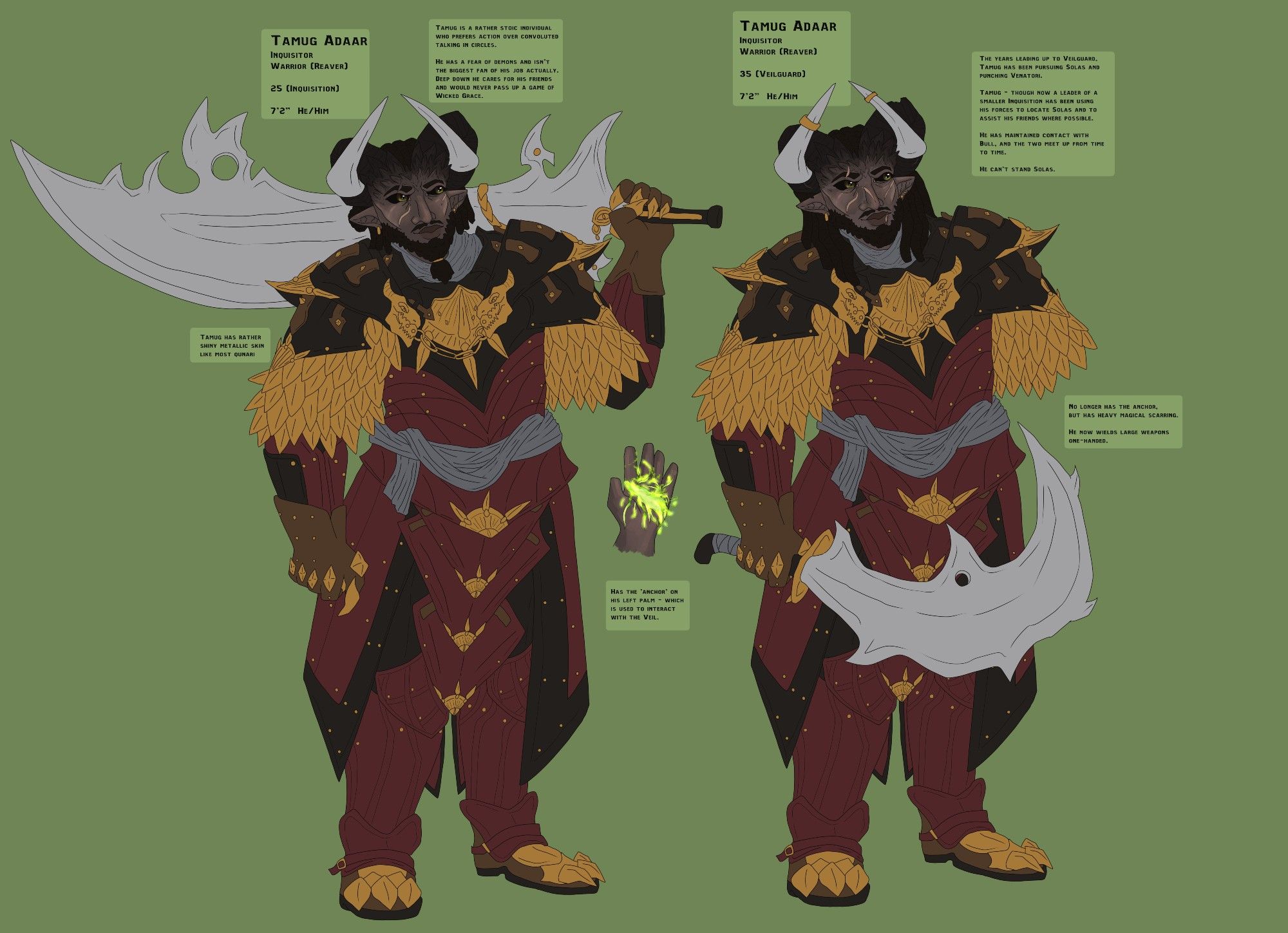 a reference sheet of a qunari inquisitor. There are two fullbodies - one is younger and wields a greatsword - he is dressed in the dragon armour set from DAI. the other is older, missing an arm and is wielding a curved longsword. 

The inquisitor has many scars and mid-to-long length hair