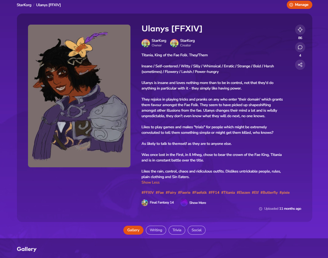 A picture of the Character page on Unvale in which you can upload multiple images, writing, traits (essentially like a questionnaire for your ocs to fill out, except it's customisable!) and comment on other peoples ocs! (and writing! and art!)