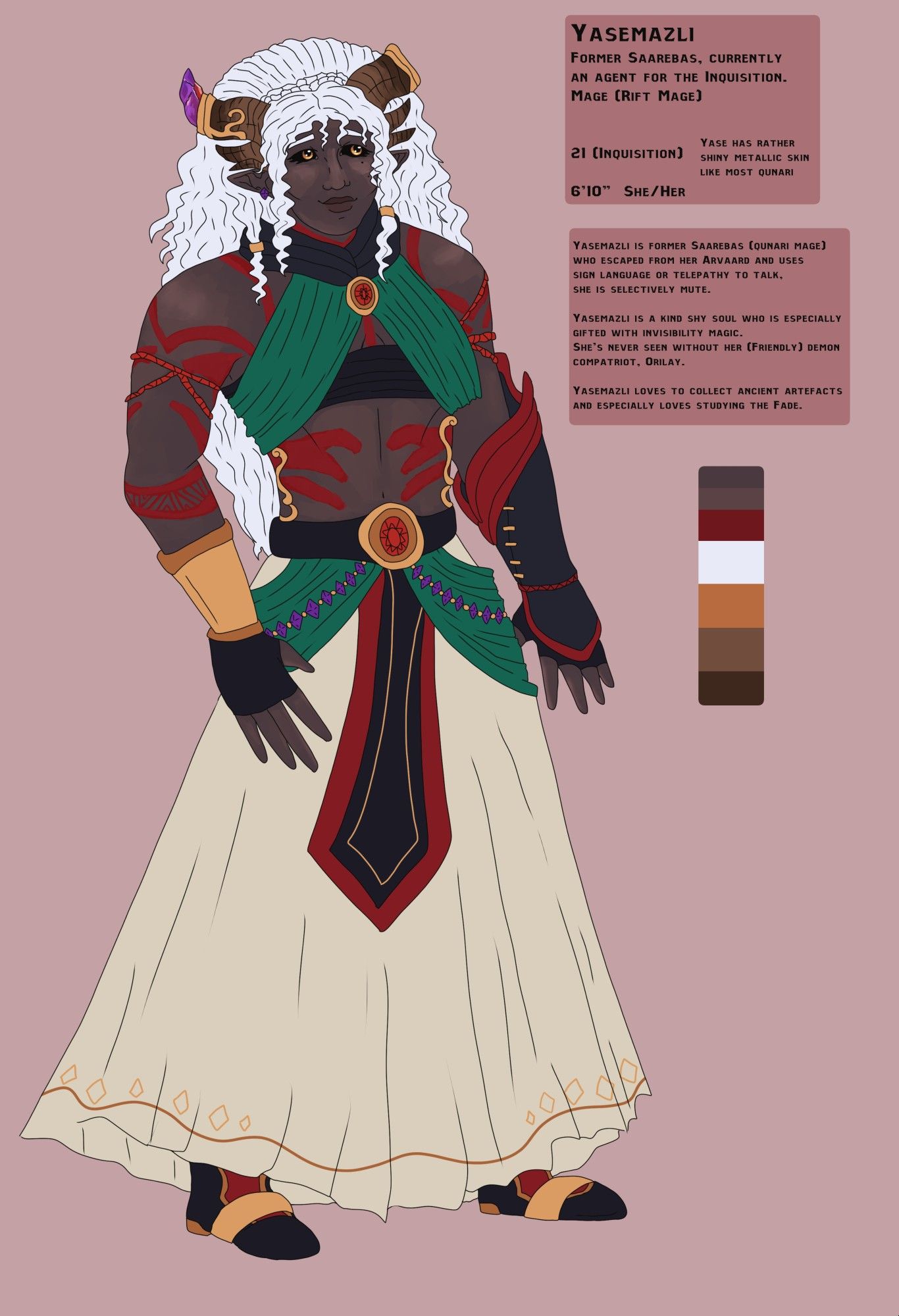 A fullbody reference sheet of a qunari saarebas. She has bronze skin and white hair. Her horns are shortened and adorned with gold and one has a gem attached to it. 
She wears traditional qun attire but with a long skirt. She wears war paint on her body.