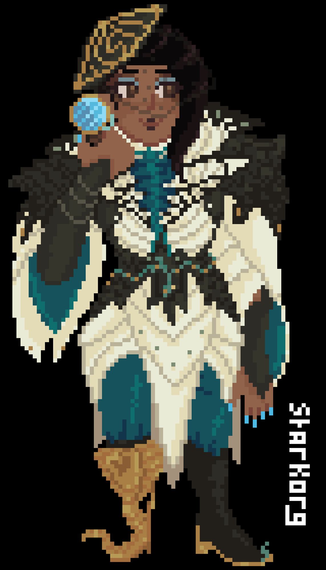 a pixel art of Neve from Dragon Age, she's holding a magnifying glass in one hand