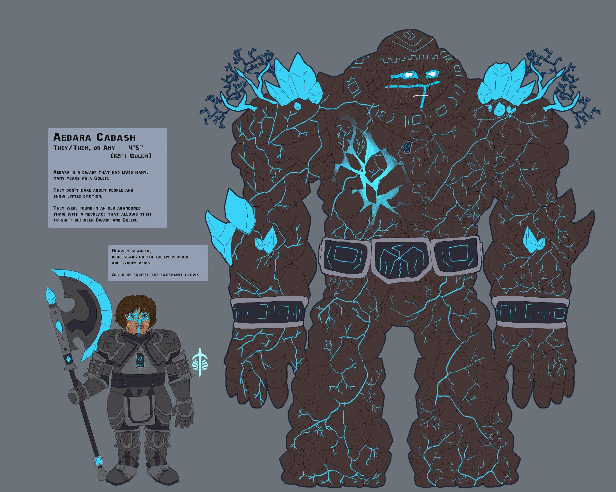 a ref sheet of a dwarf with a greataxe and a golem, the golem has giant crystals coming out of its shoulders and one forearm, otherwise it is adorned with wrist cuffs and a belt. An amulet hangs from both forms.