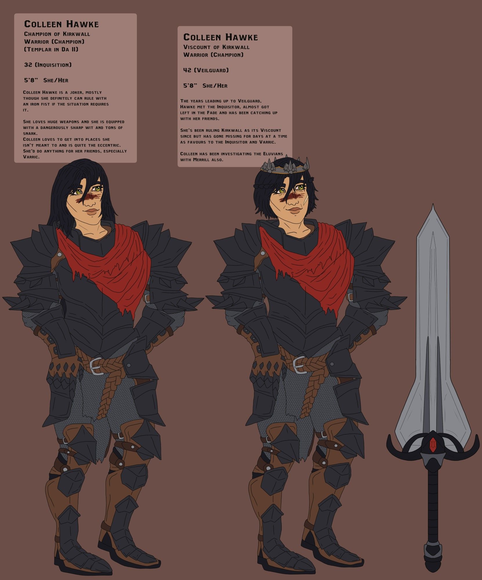 a reference sheet of two hawkes (dragon age 2 protagonist) wearing the signature champion (warrior) armour and with a huge greatsword. 
one hawke is younger (inquisition timeline) and the other is older (pre-veilguard timeline) with shorter hair and wearing the crown of the viscount