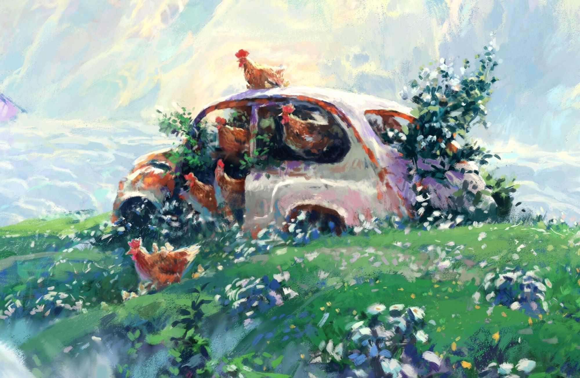 Details of the abandoned car and chicken.