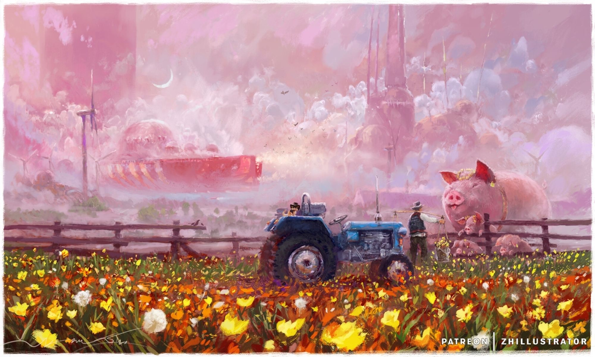 The Queen of Flowers.
A man is bringing flowers to an oversized pig and a few piglets.