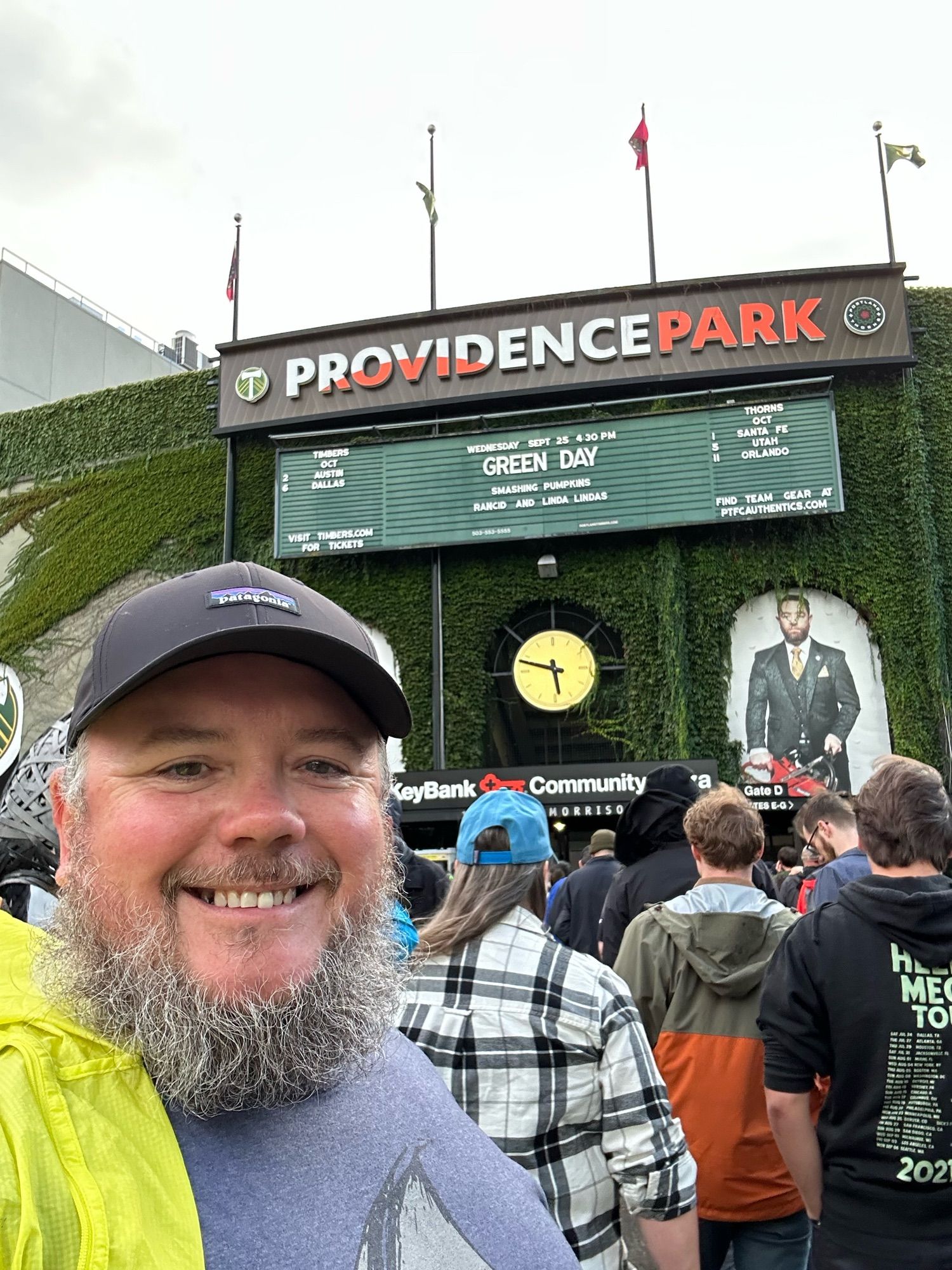 Shows a person standing in front of the Marquis at Providence Park in Portland, Oregon. It shows Green Day, Smashing Pumpkins and Rancid.