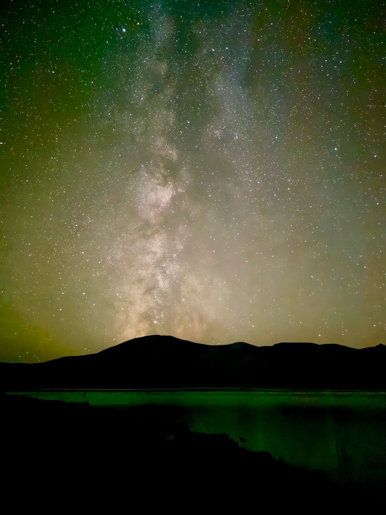 Shows the milky way setting over Owyhee Reservoir.