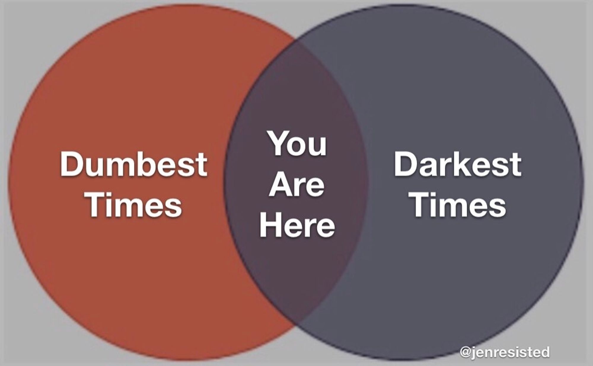 Venn diagram showing the darkest times and the dumbest times, with "you are here" in the middle.