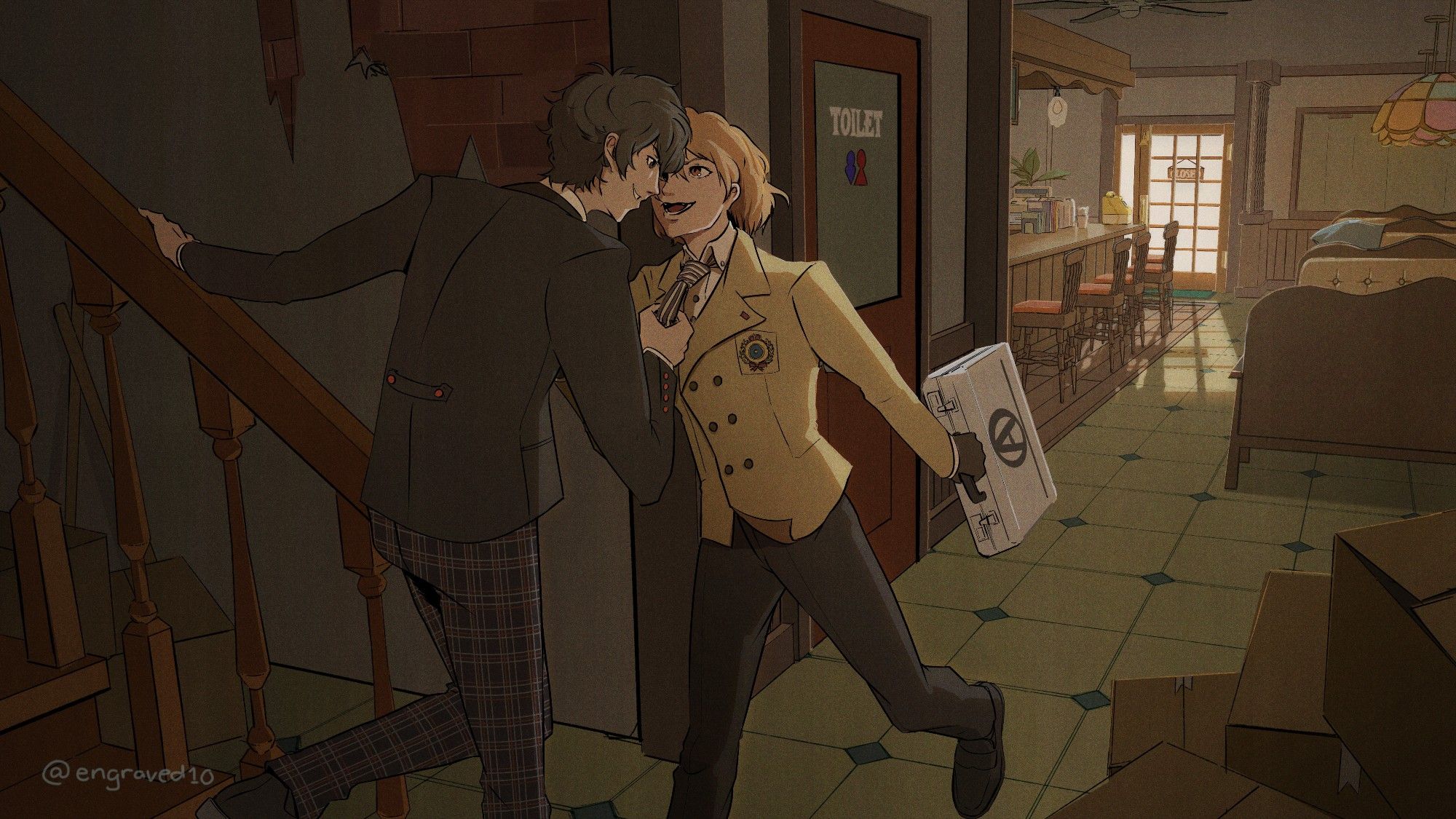 p5 protag pulling goro akechi up leblanc stairs by his tie. The file name is honeyimgome.jpeg