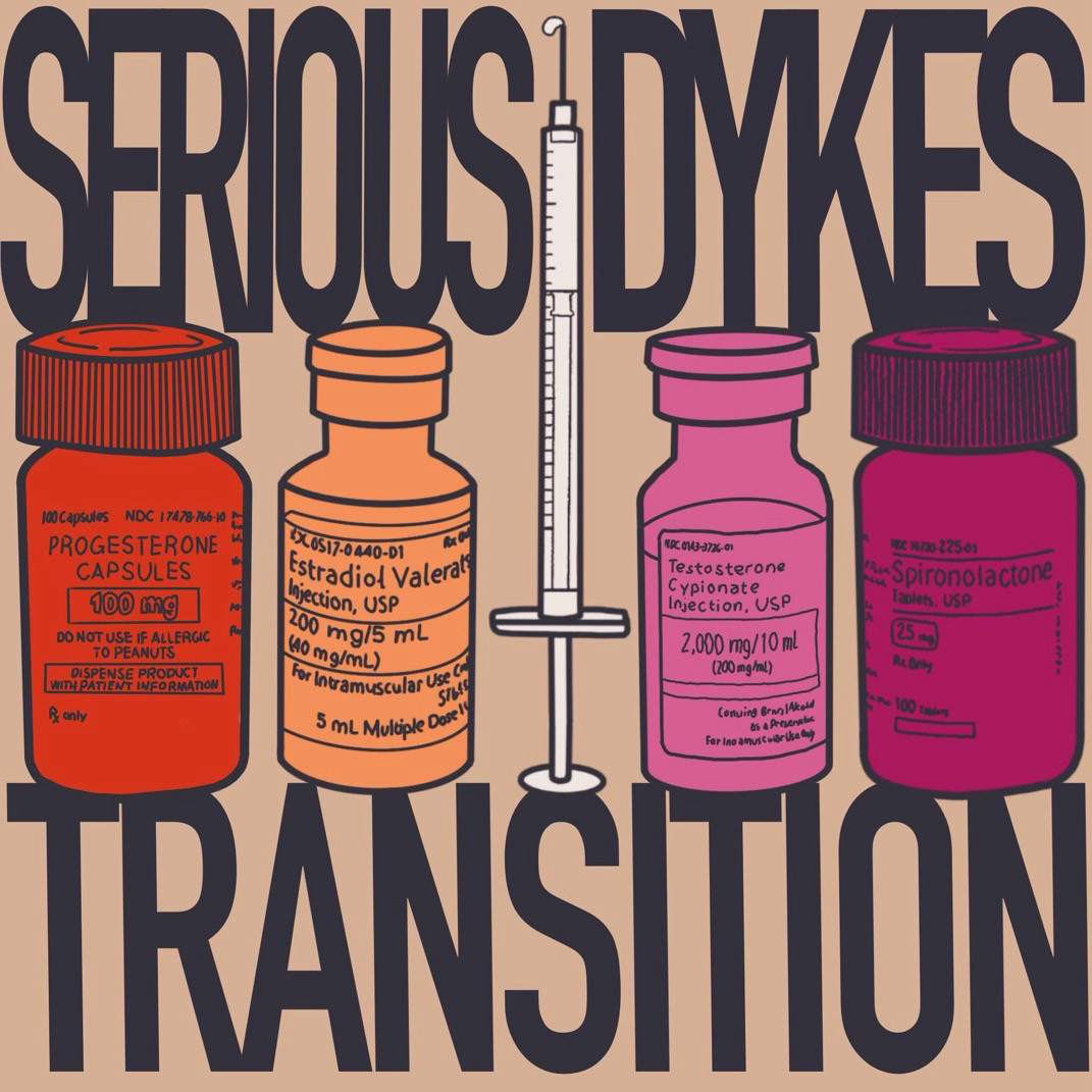 Lee Shevek art piece that depicts a line or HRT medications. progesterone, estrogen, testosterone, and spirolactone, in different colors of the lesbian pride flag. in the center is an injection needle. In big block letters in the empty space above and below the HRT reads "Serious Dykes Transition"