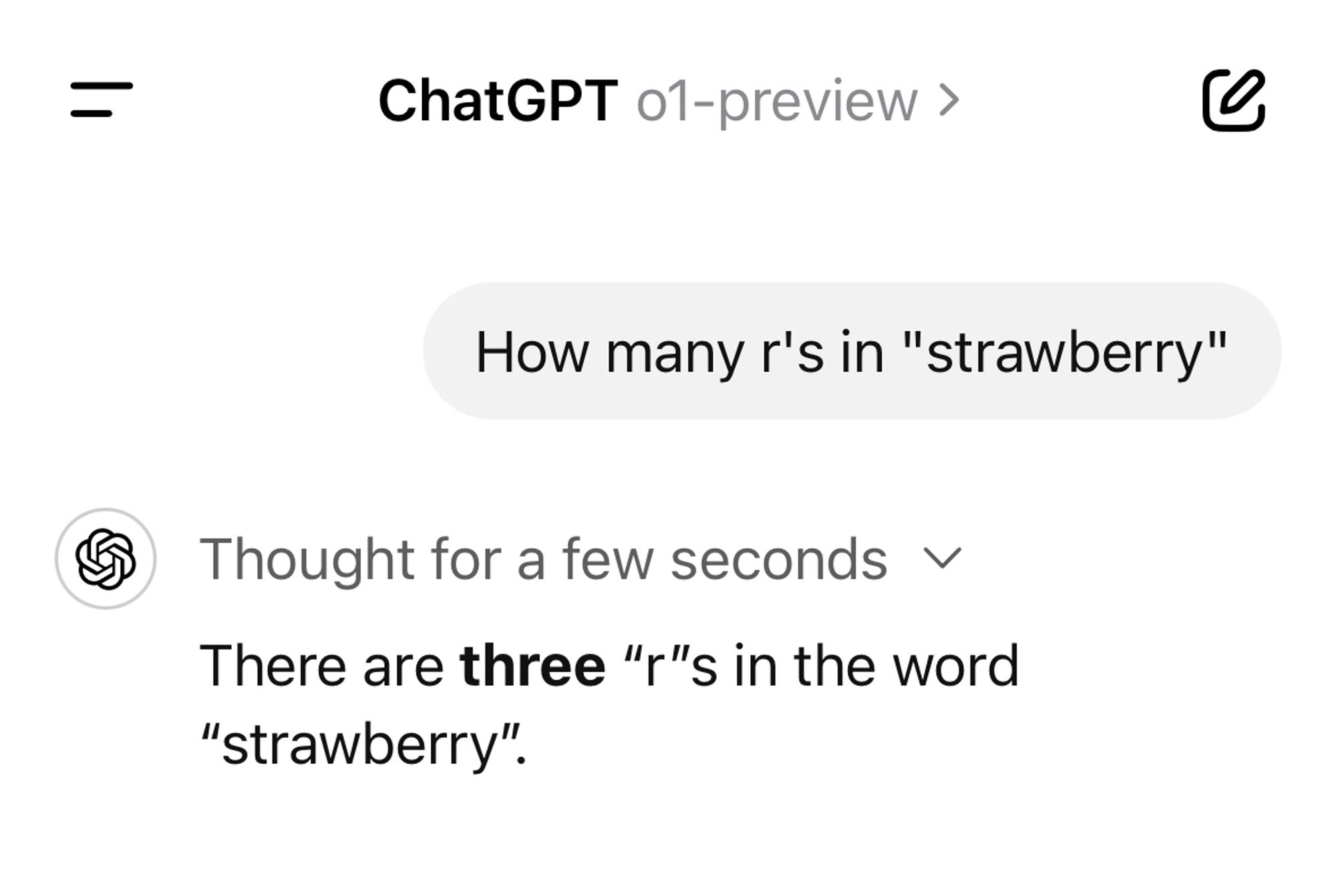 This image shows a question asked in a ChatGPT interface, using model o1-preview. The user asks, “How many r’s in ‘strawberry’?” The AI responds with: “There are three ‘r’s in the word ‘strawberry’,”