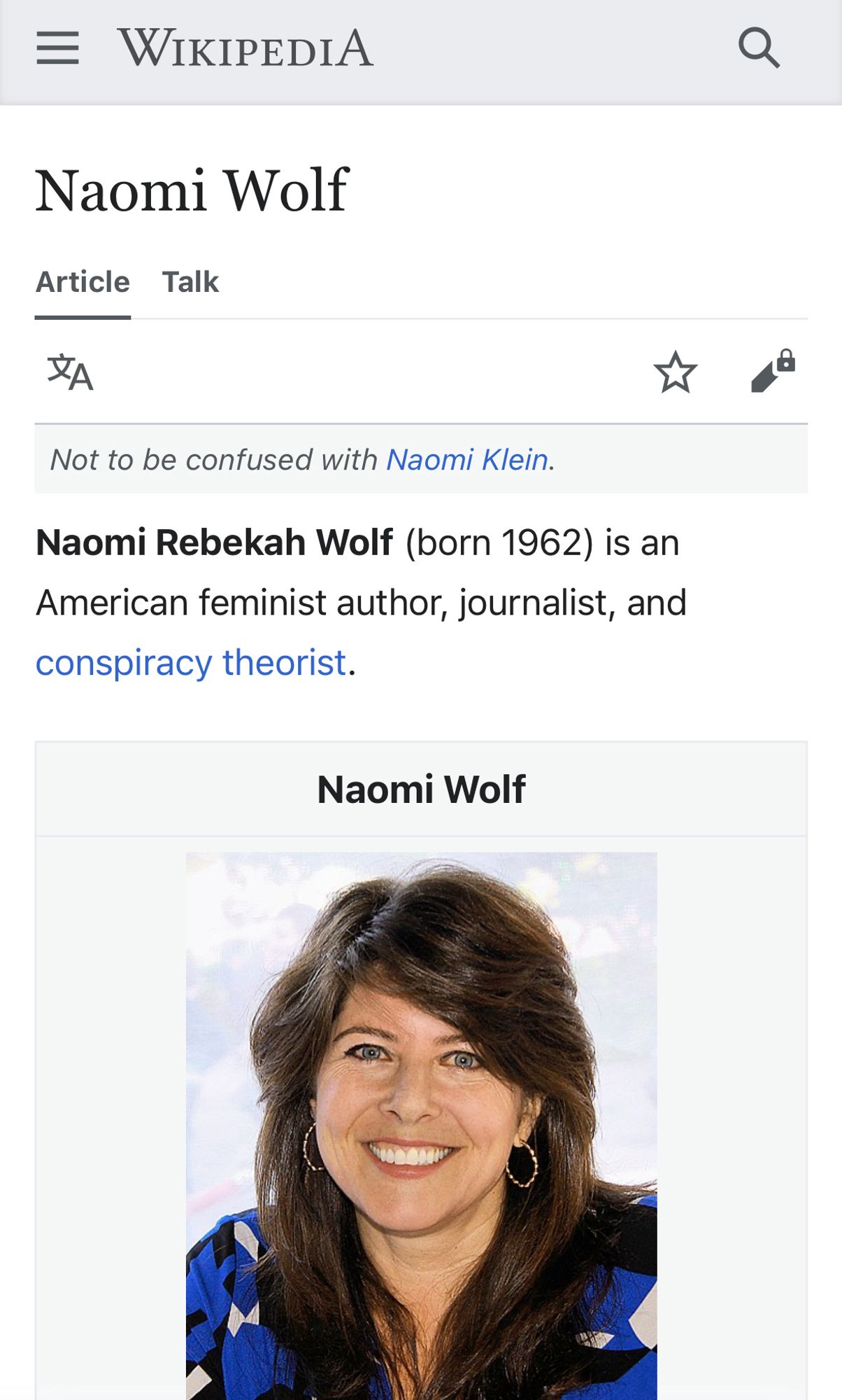 Screenshot of Wikipedia page for Naomi Wolf