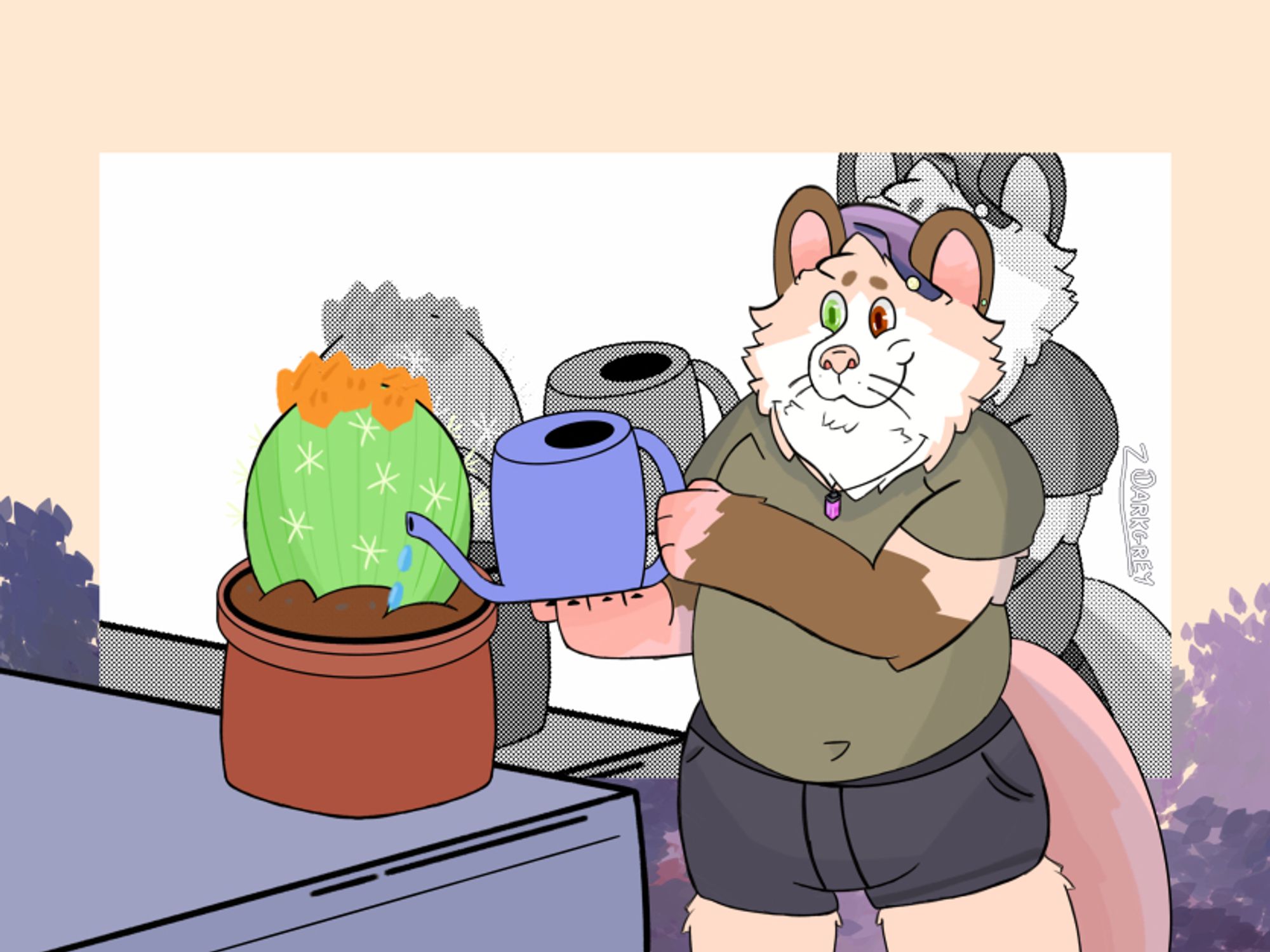 Tofu sona watering a flower cactus.